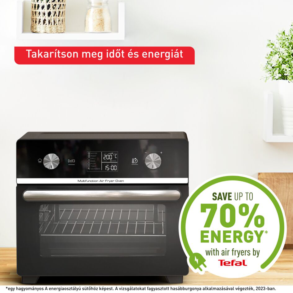 Fekete légkeveréses sütő digitális kijelzővel és 'SAVE UP TO 70% ENERGY' szöveggel.