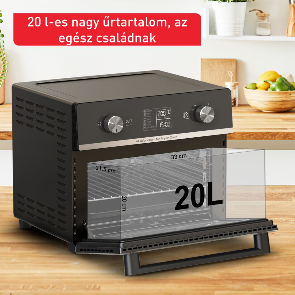 Fekete légkeveréses sütő nyitva, ételráccsal. Időt és hőmérsékletet mutató kijelző. Szöveg: 20L.