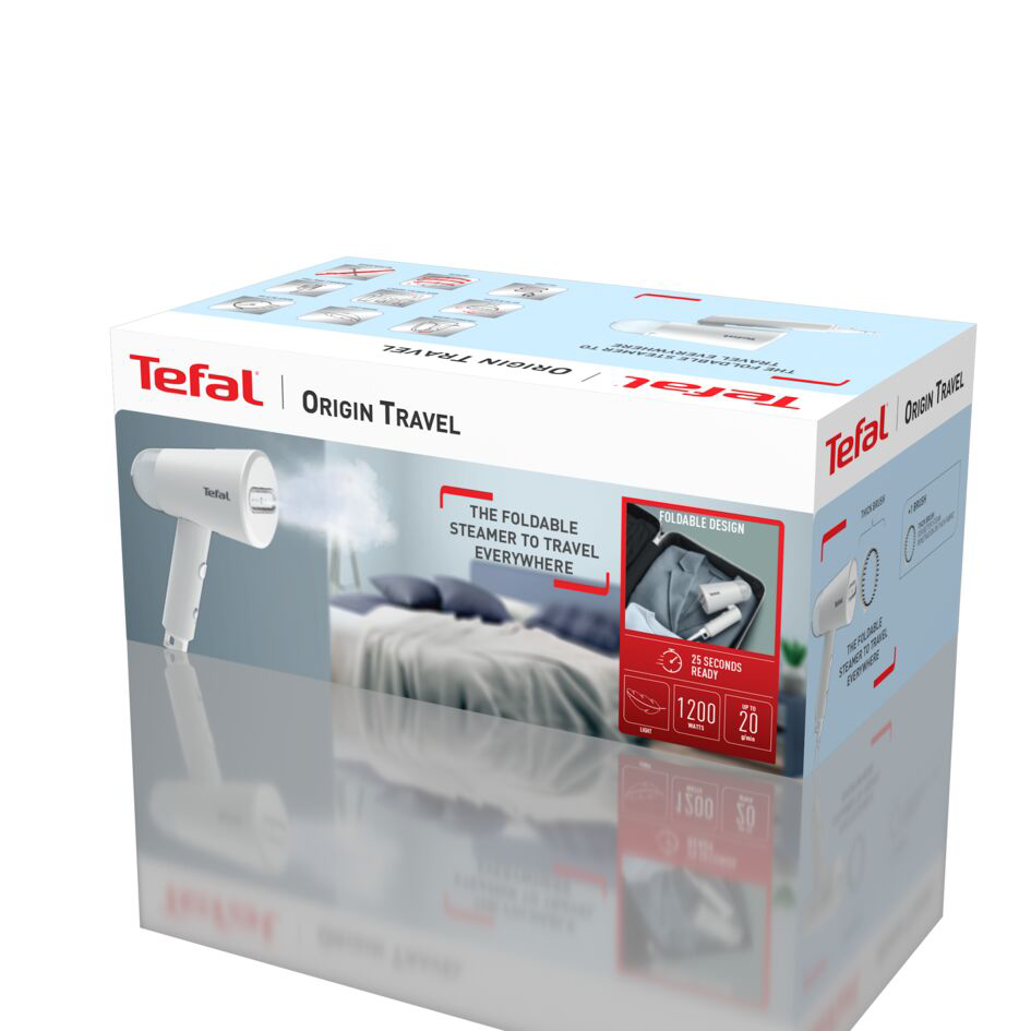 Tefal Origin Travel doboz. A doboz egy fehér gőzölőt és funkciókat mutat fehér háttéren.
