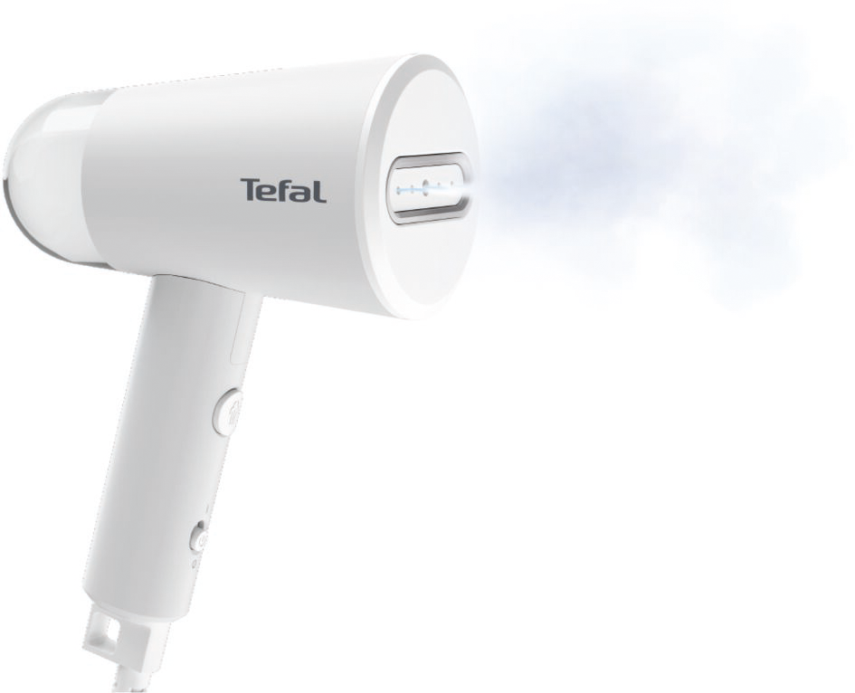 Fehér Tefal kézi gőzölő, gőzt bocsát ki. A gőzölő jobbra van döntve.