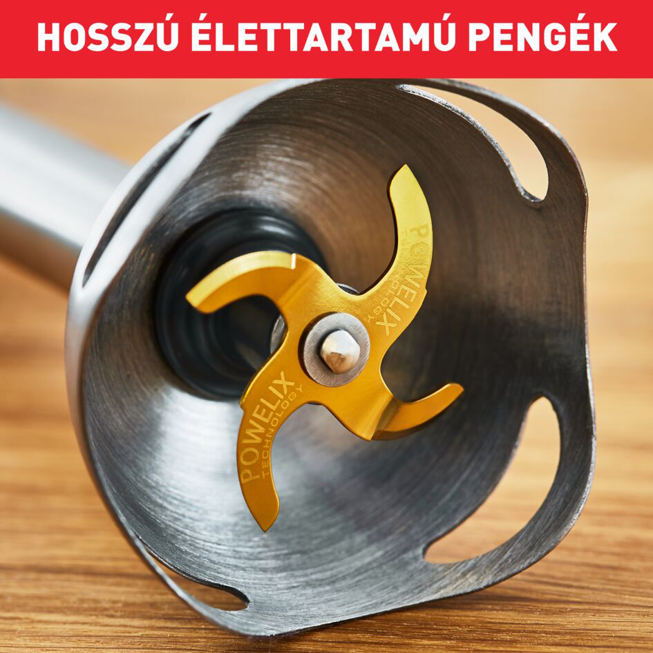 Közelkép egy arany turmixgép pengéről ezüst védőburkolattal. A szöveg a következő: POWELIX TECHNOLOGY.