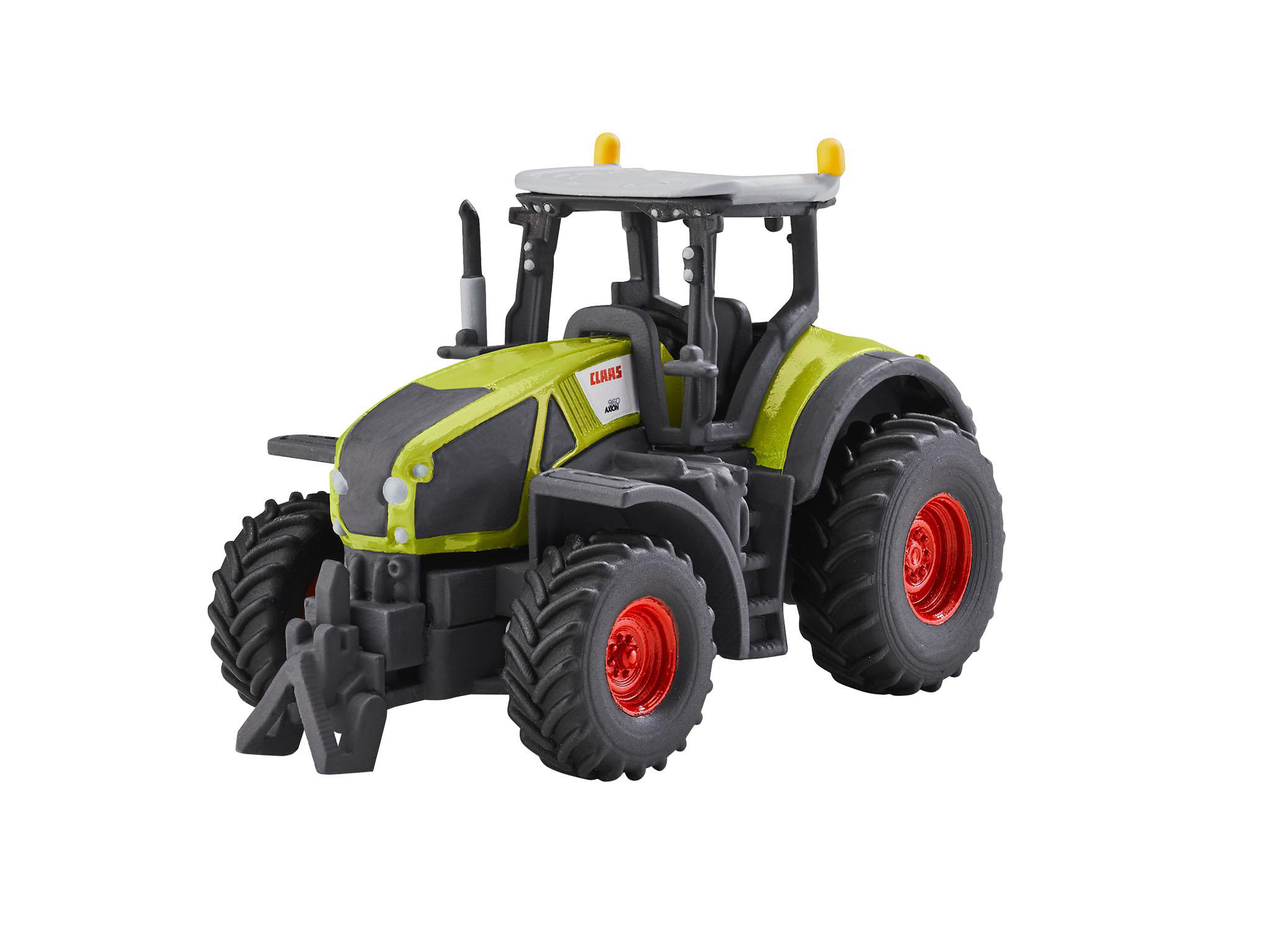 Spielzeugtraktor, grün und gelb. Rote Räder. Weißer Hintergrund. Vorderansicht. CLAAS-Etikett sichtbar.