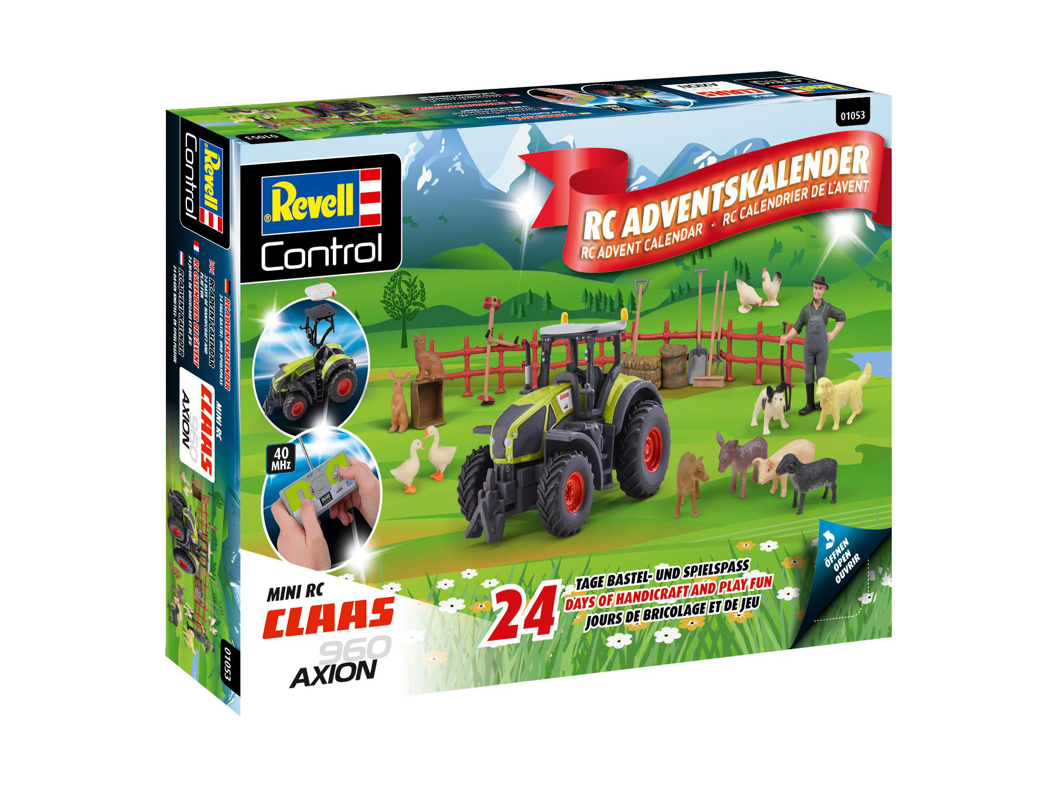 Revell Control RC Adventskalender Box. Traktor und Bauernhofszene auf der Box, mit Mini-RC-Traktor.