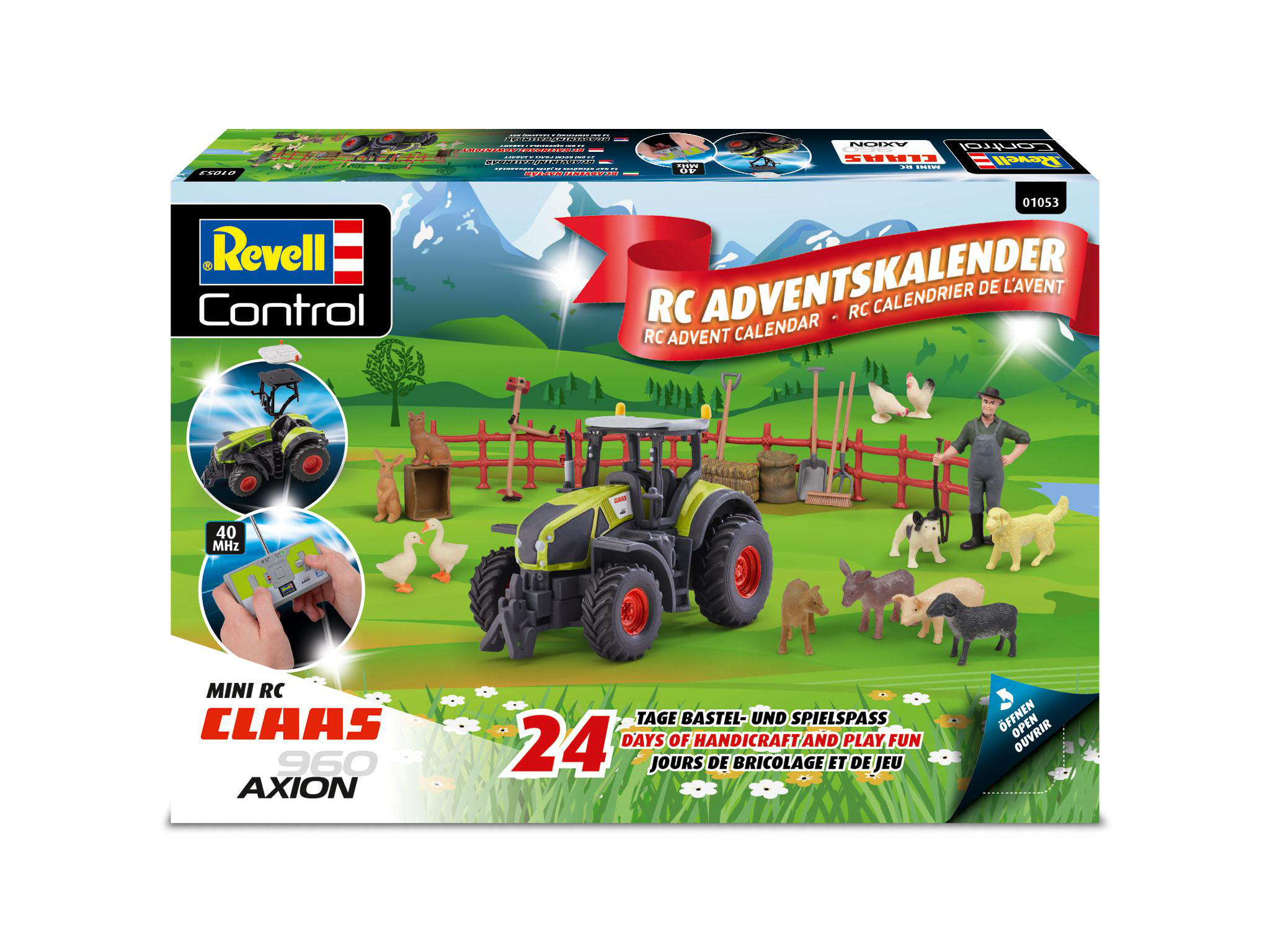 Adventskalender-Box-Set mit Traktor-Spielzeug, Hoftieren und Text über Basteln und Spielen.