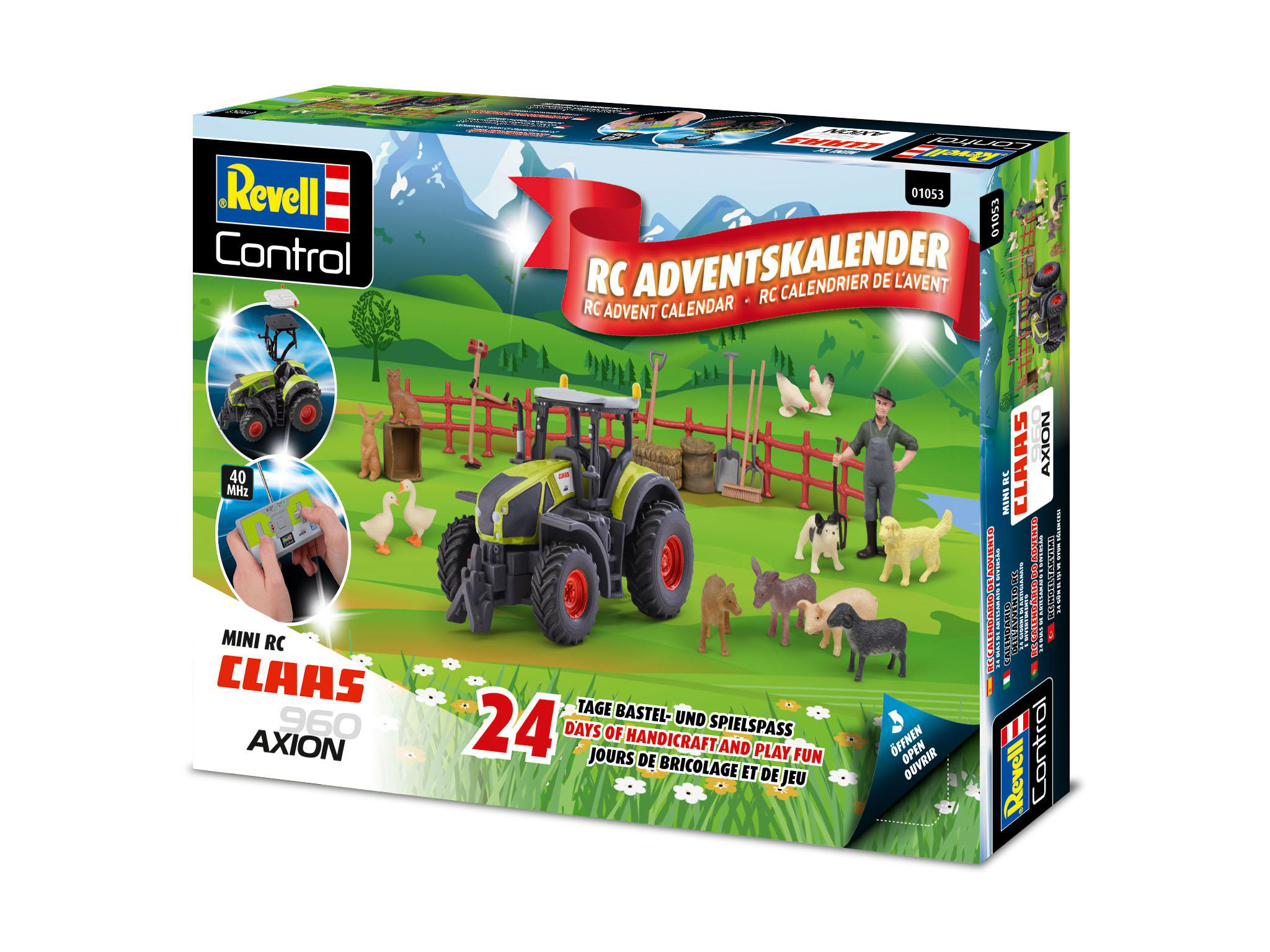 Spielzeugset mit Traktor und Bauernhof-Szenerie. Text in Deutsch und Französisch.