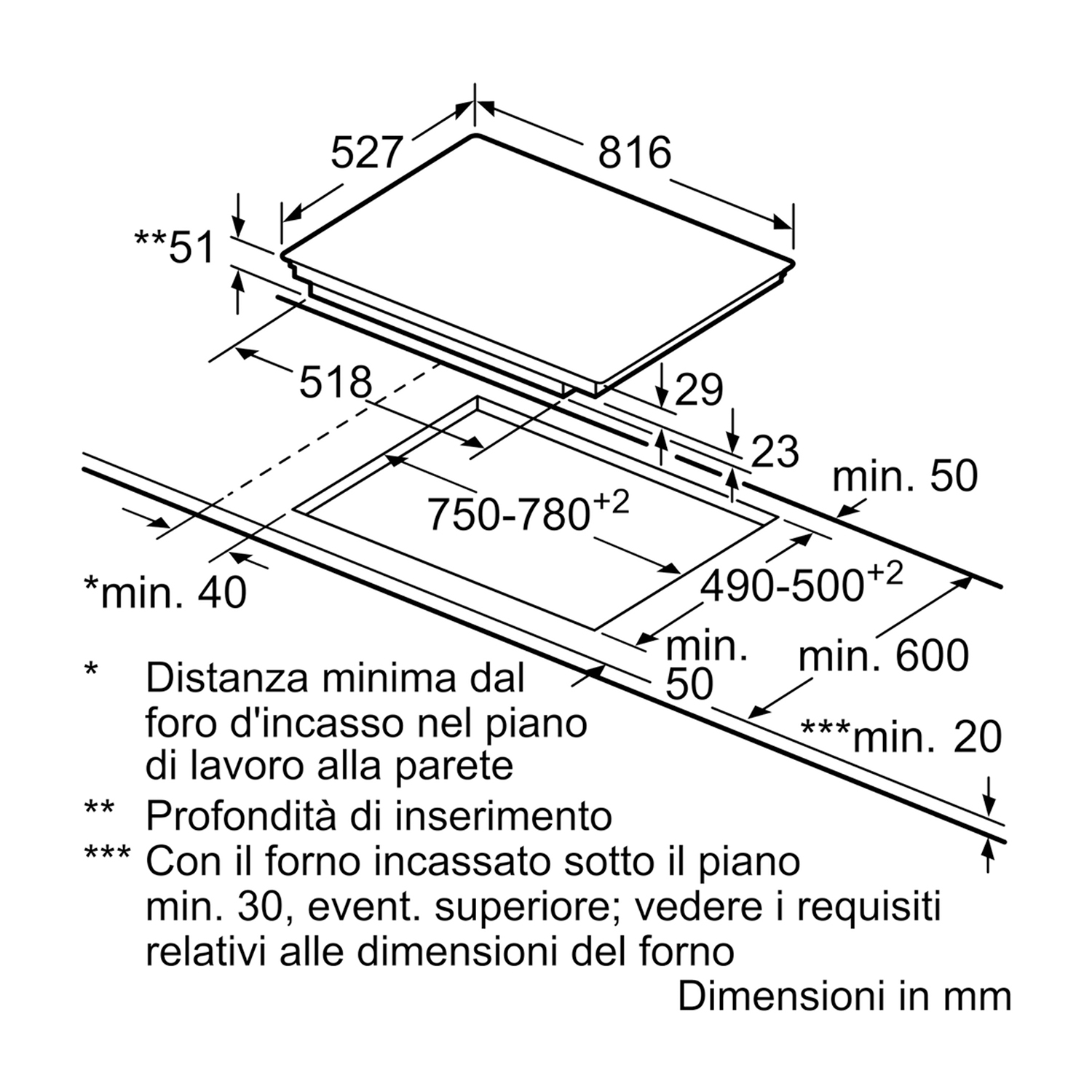 Disegno tecnico di un piano cottura a incasso con dimensioni in millimetri.