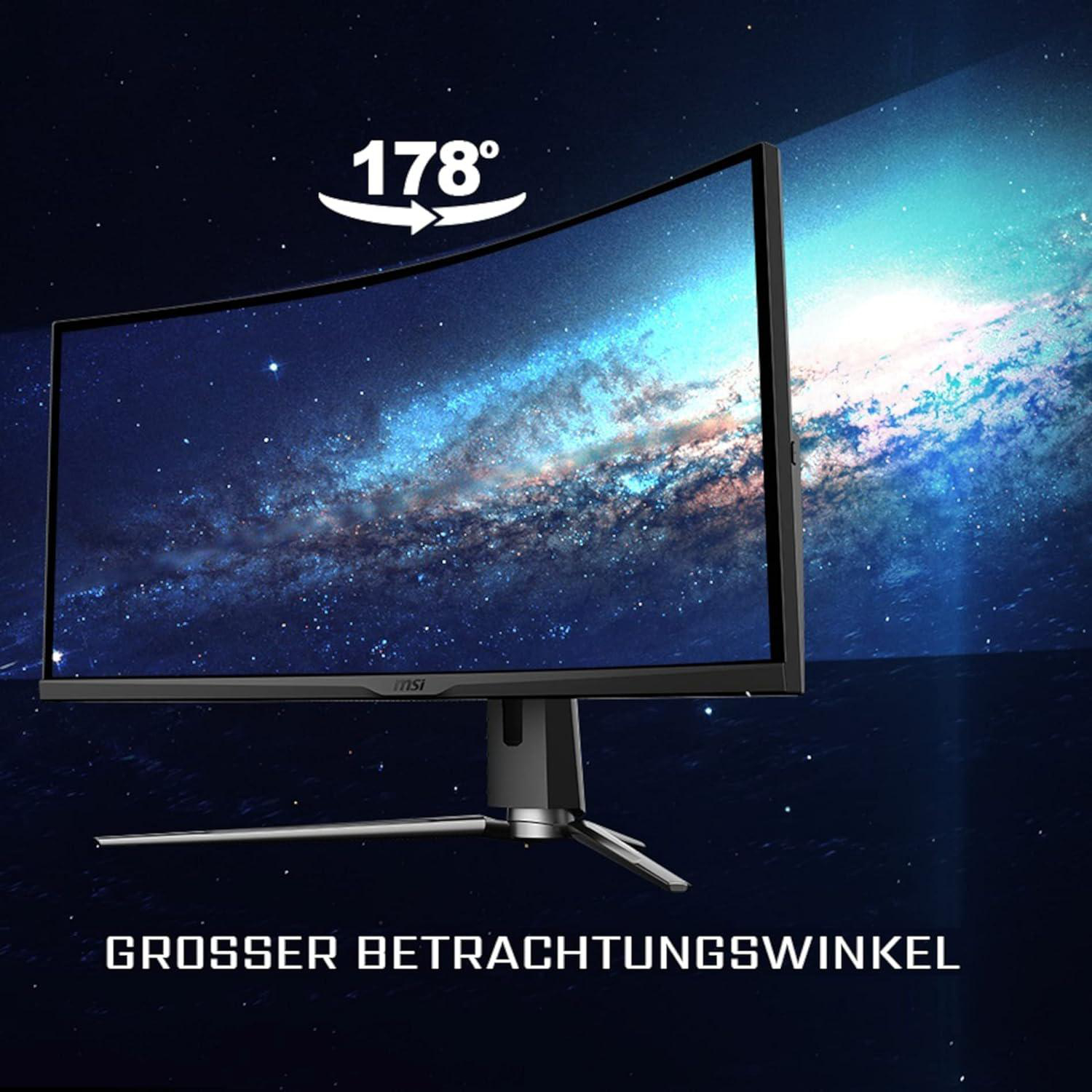 Gebogener MSI-Monitor, der eine Sternengalaxie anzeigt, mit einem Betrachtungswinkel von 178°.