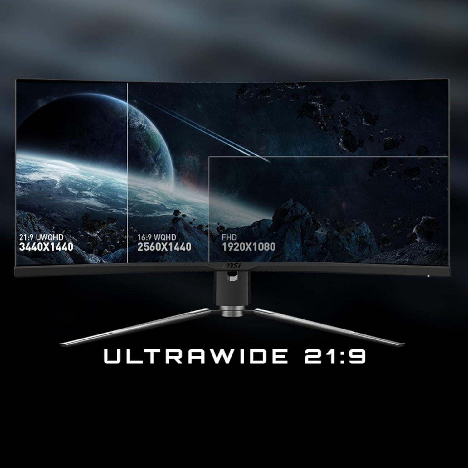 Gebogener Monitor, der verschiedene Bildschirmverhältnisse und eine Weltraumszene zeigt. Text: Ultrawide 21:9.