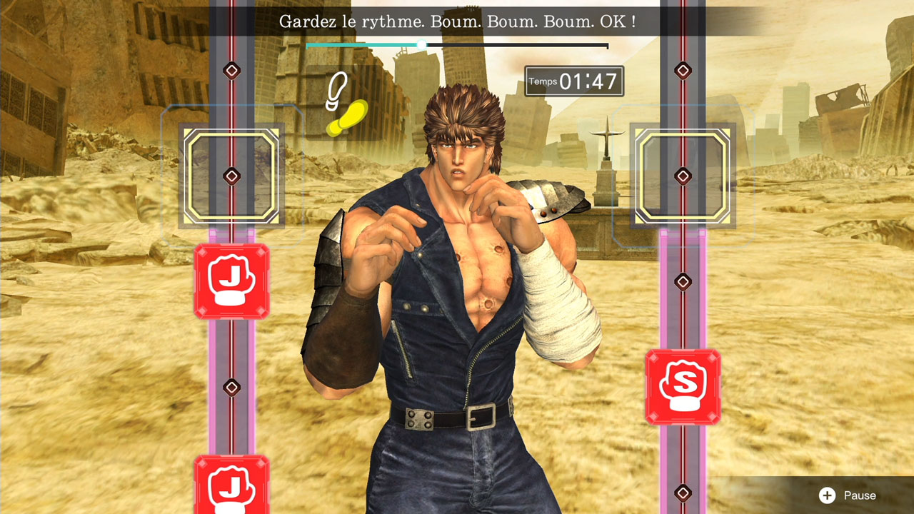 Capture d'écran de jeu vidéo avec un homme musclé en position de combat.