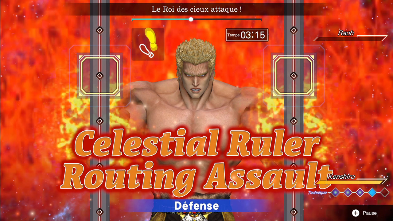 Un écran de jeu vidéo montrant un personnage musclé en position de combat avec une superposition de texte.