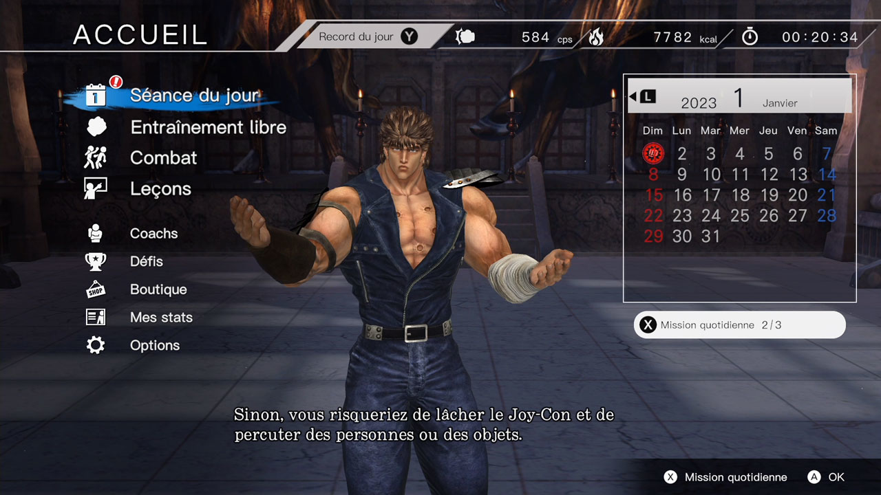 Un menu de jeu vidéo en français. Un homme musclé est au milieu de l'écran, les bras ouverts.