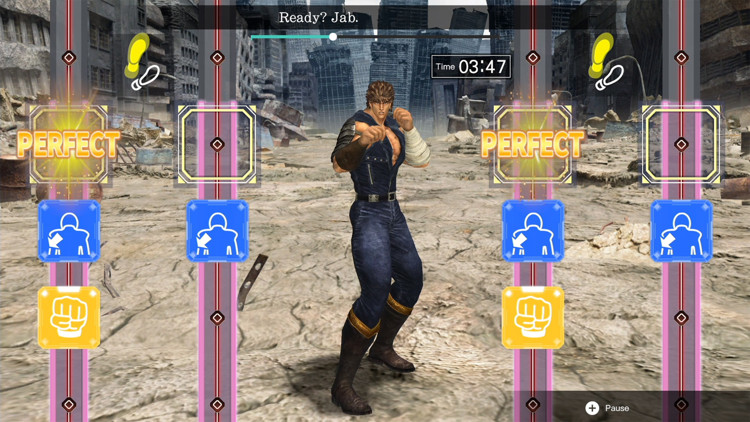 Scène de jeu de combat avec un personnage en position de combat, avec indicateurs 'PERFECT'.