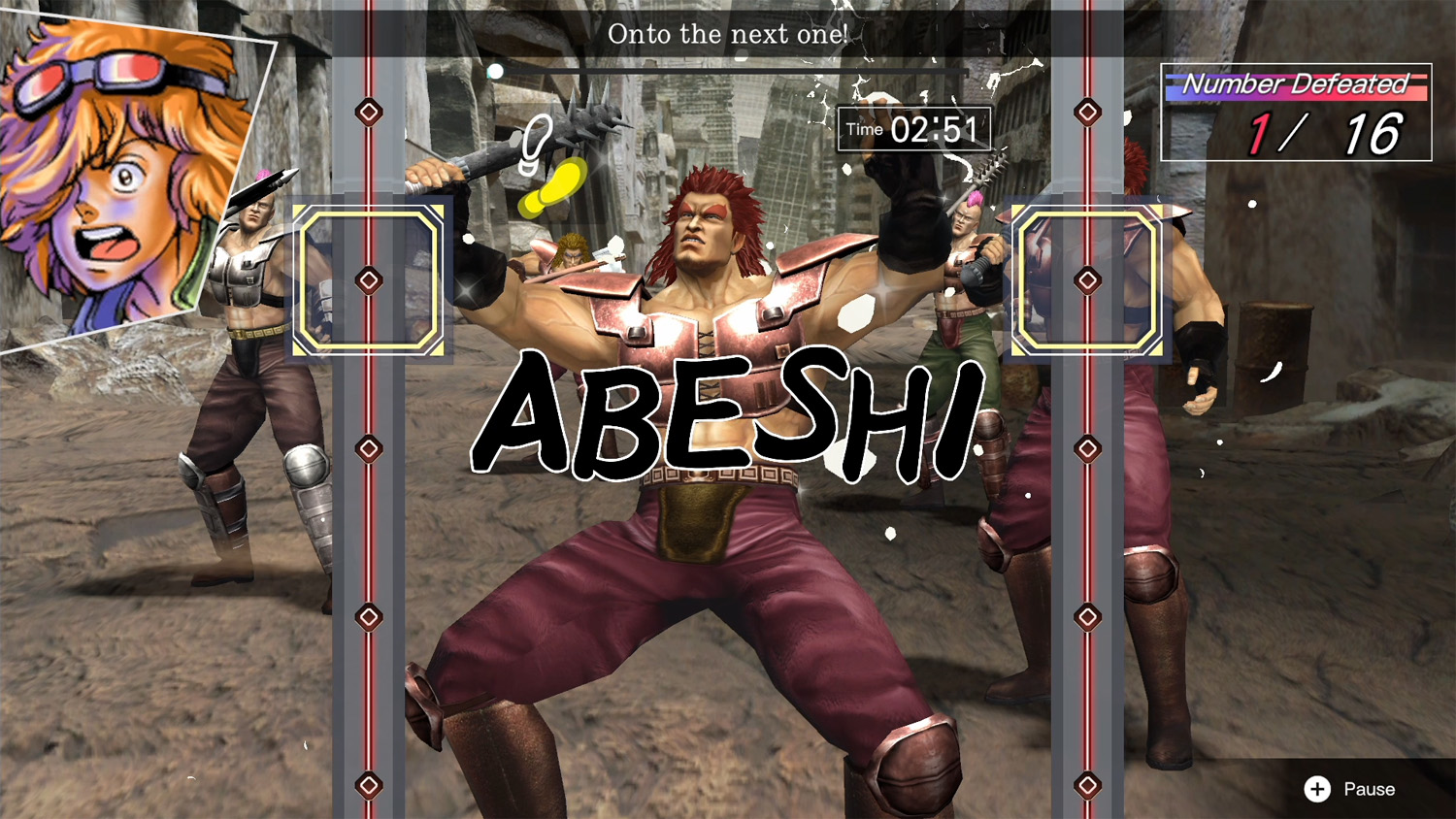 Une scène de jeu avec un personnage nommé 'ABESHI' dans une pose de combat.