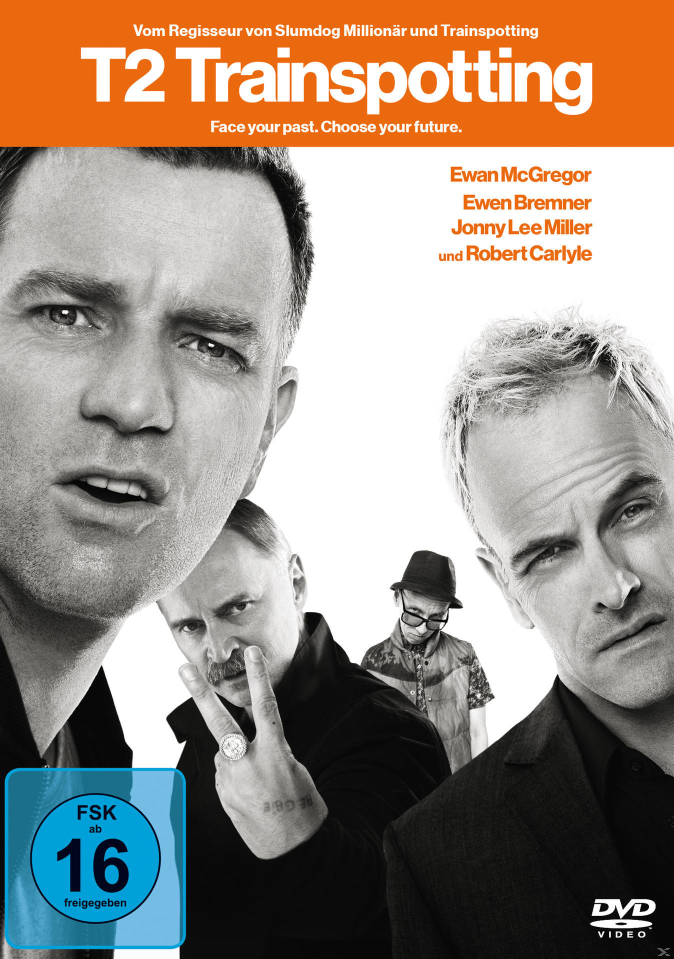 DVD-Cover mit Gesichtern von vier Männern aus dem Film T2 Trainspotting; ein blaues FSK 16-Logo links unten.