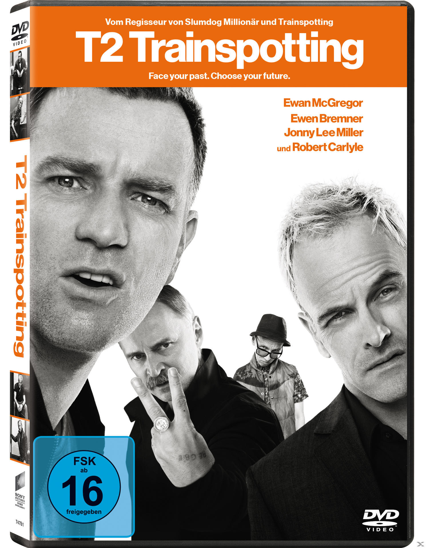 DVD-Hülle für T2 Trainspotting mit Ewan McGregor, Ewen Bremner und Jonny Lee Miller.