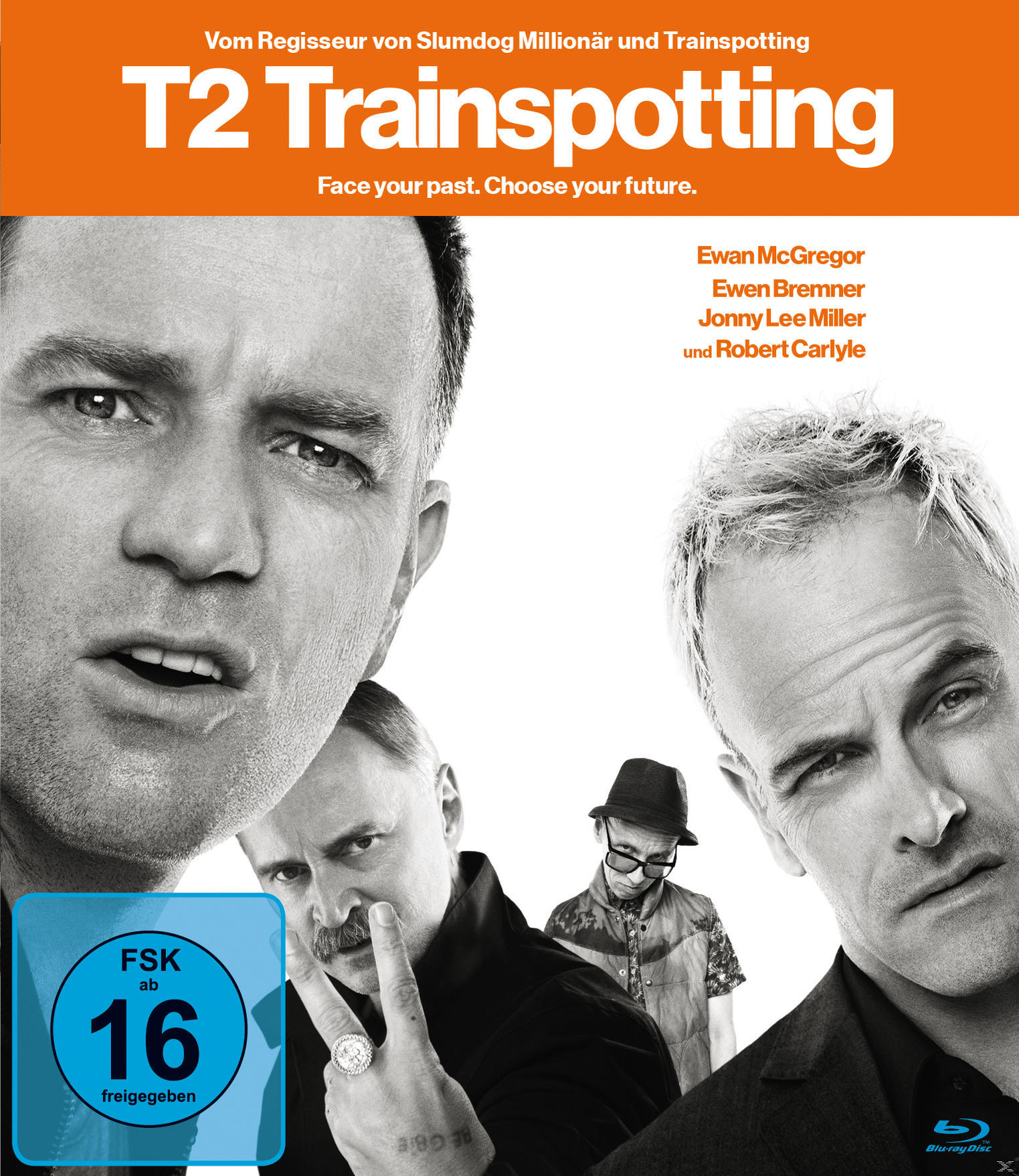 Filmcover: Vier Männer, Nahaufnahmen von Gesichtern. Titel: T2 Trainspotting.