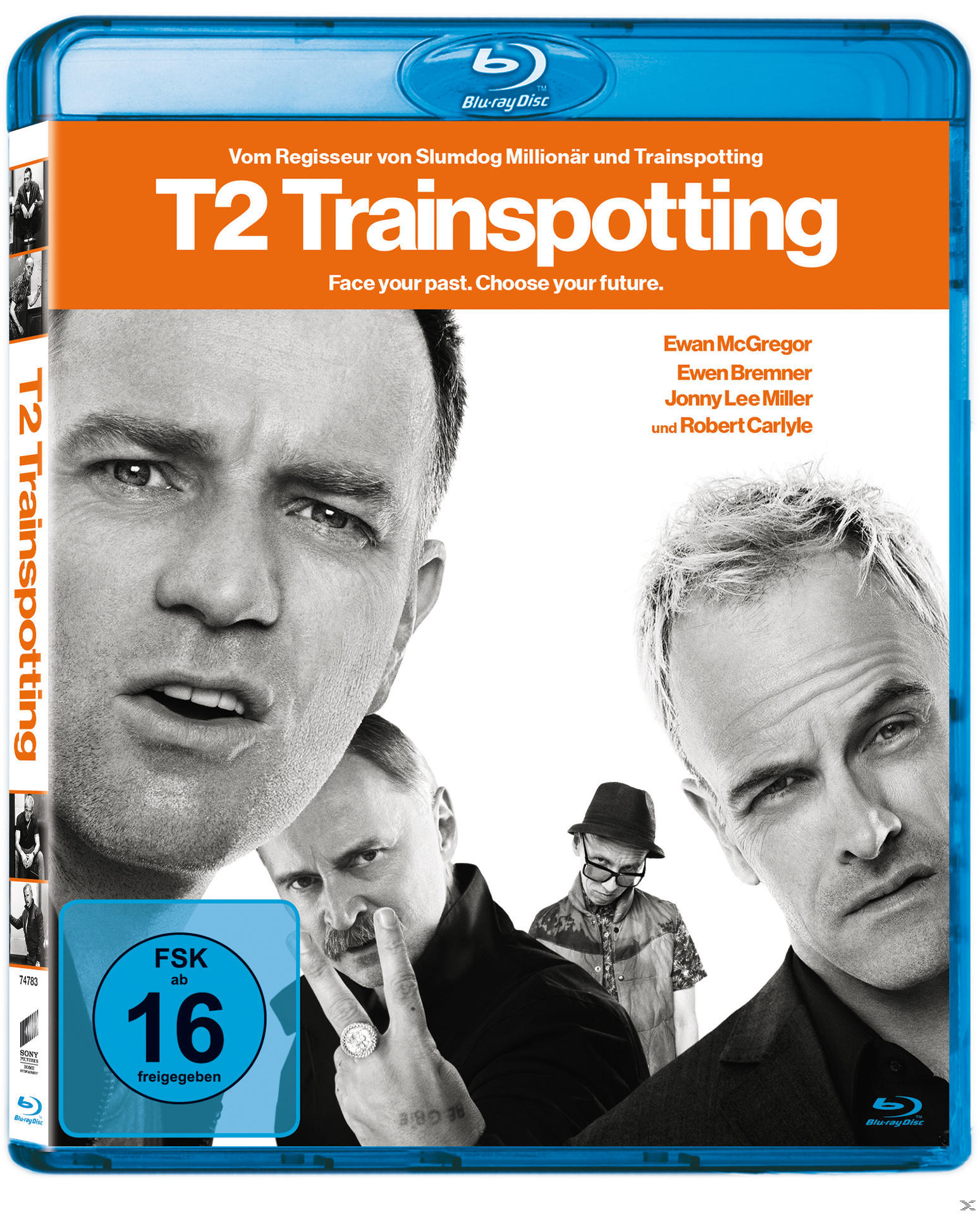 Filmcover von T2 Trainspotting mit Gesichtern der Schauspieler und einer blauen Blu-ray-Hülle.
