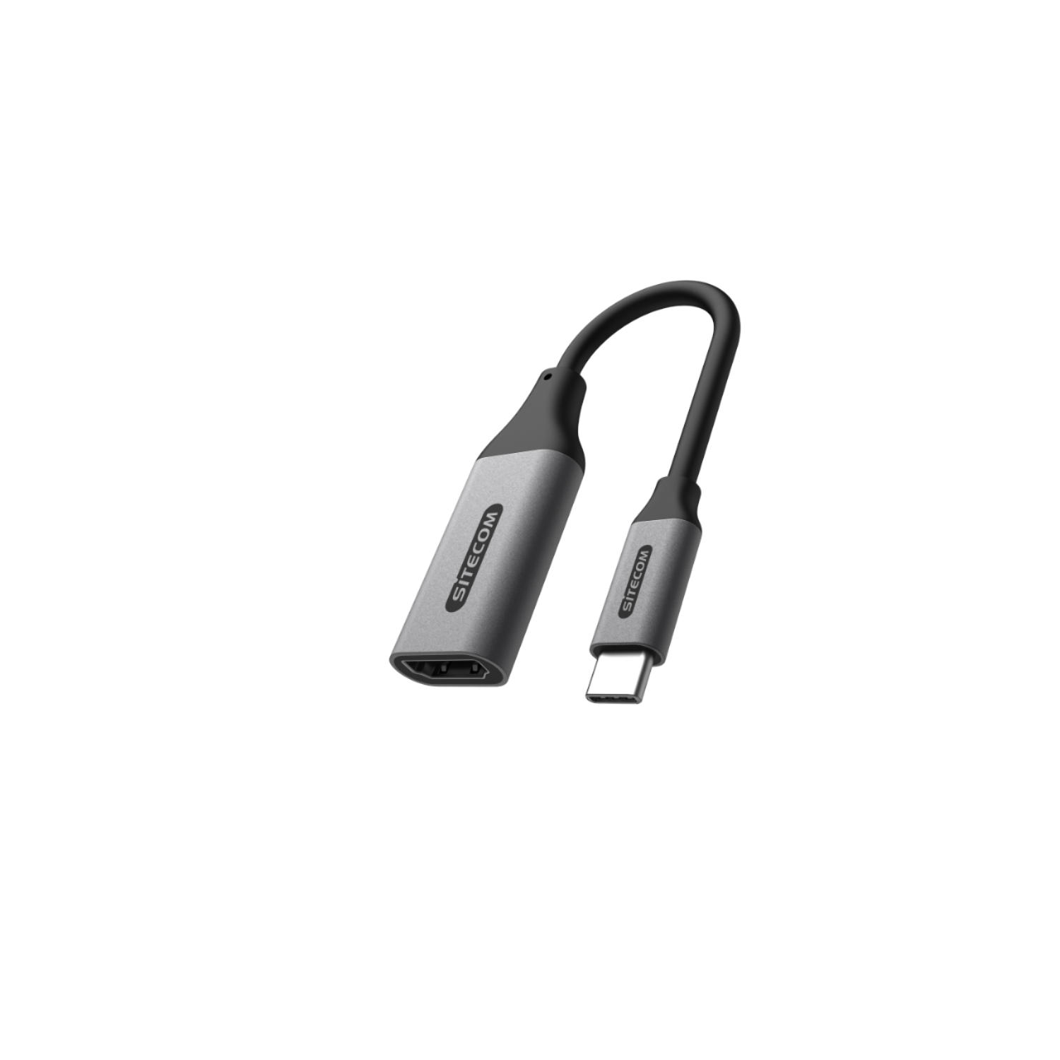 A black and gray Sitecom adapter with HDMI and USB-C connectors.