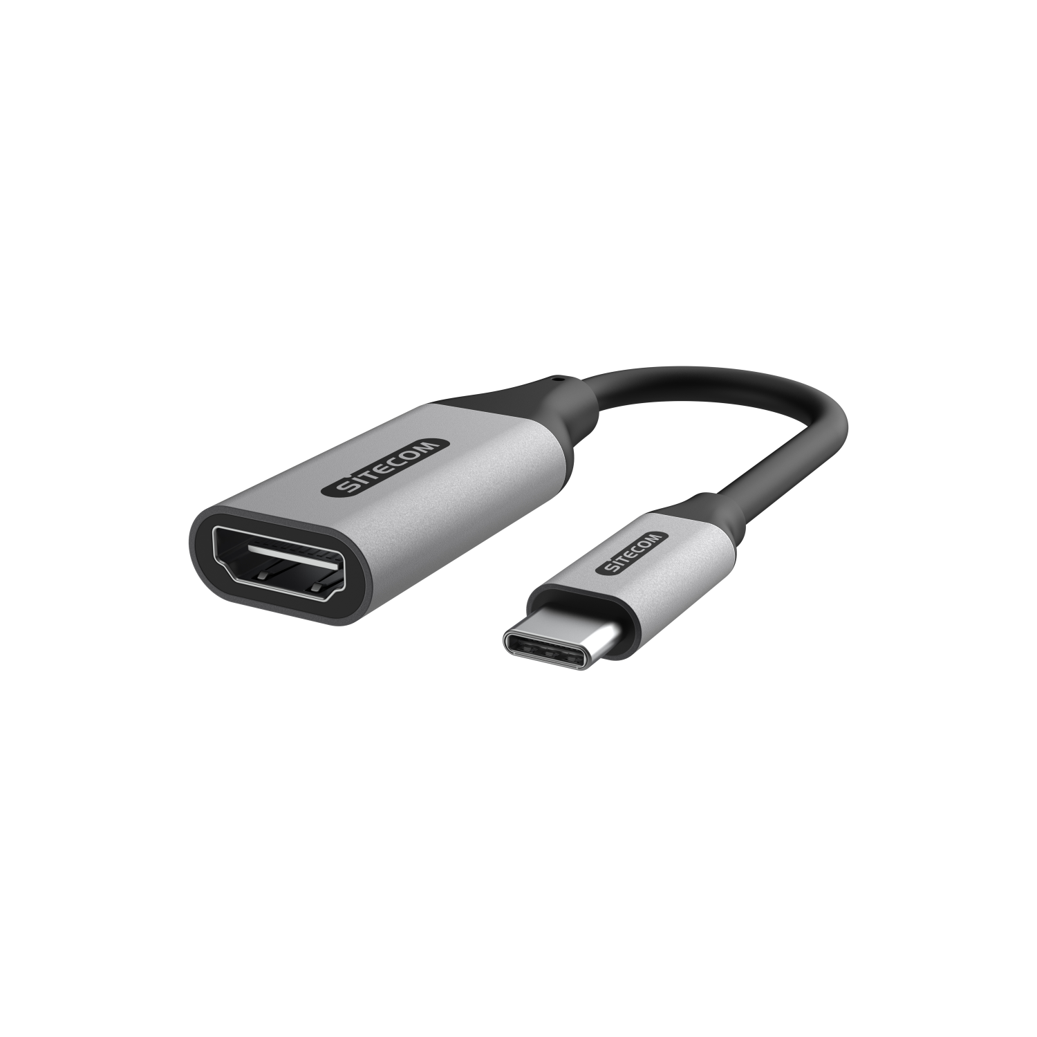 A silver and black Sitecom HDMI to USB-C adapter. The adapter has two ends.
