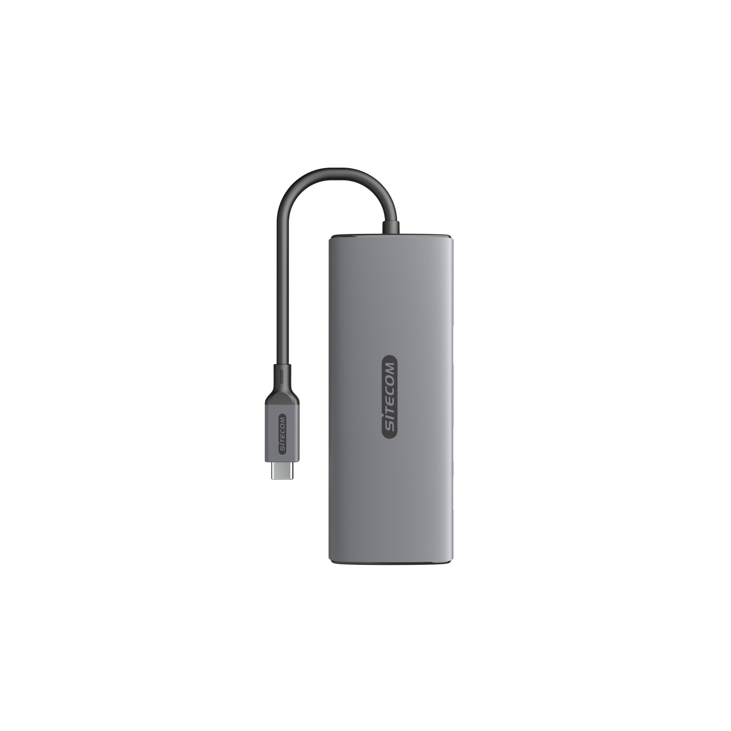 A gray Sitecom USB-C adapter with a black, curved cable, against a black background.