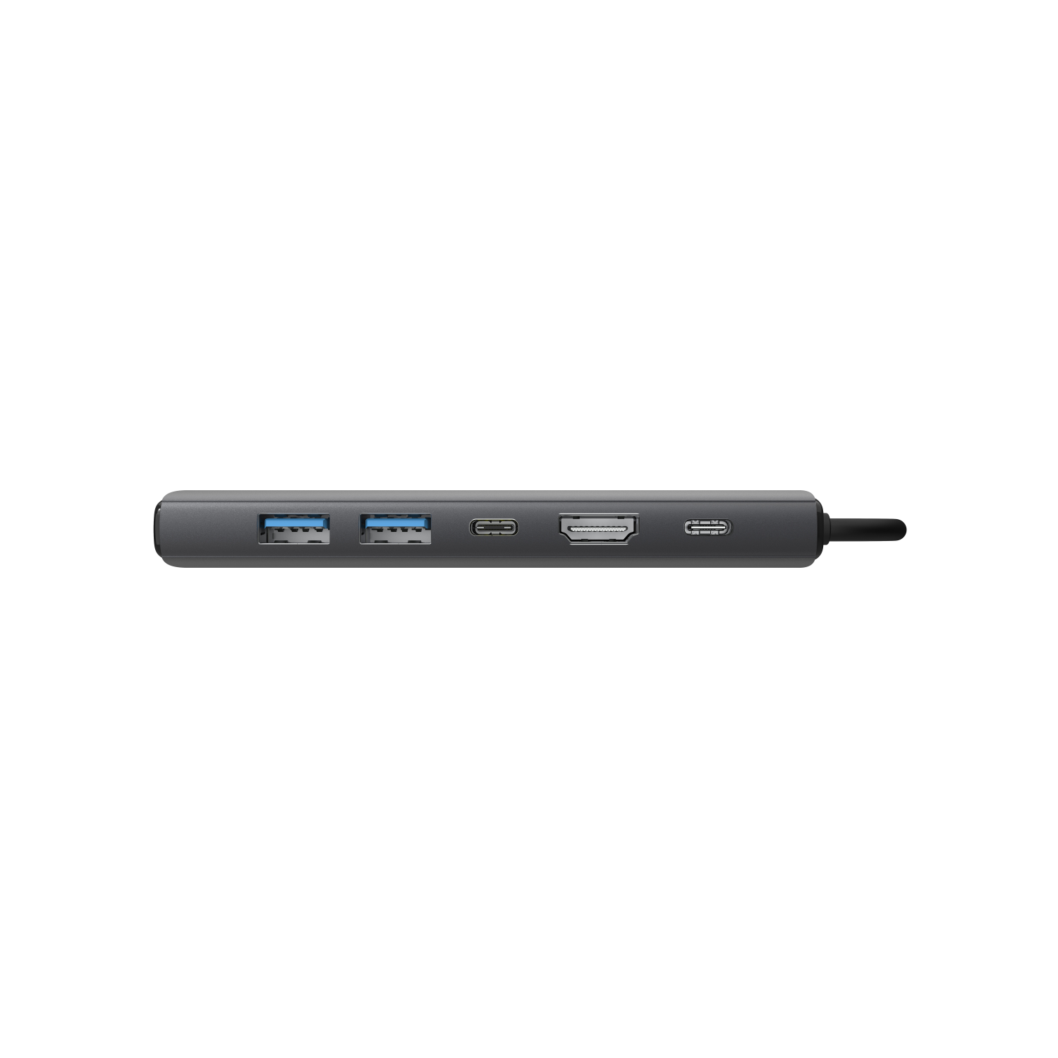 A dark gray USB-C hub with multiple ports for data transfer and connectivity.