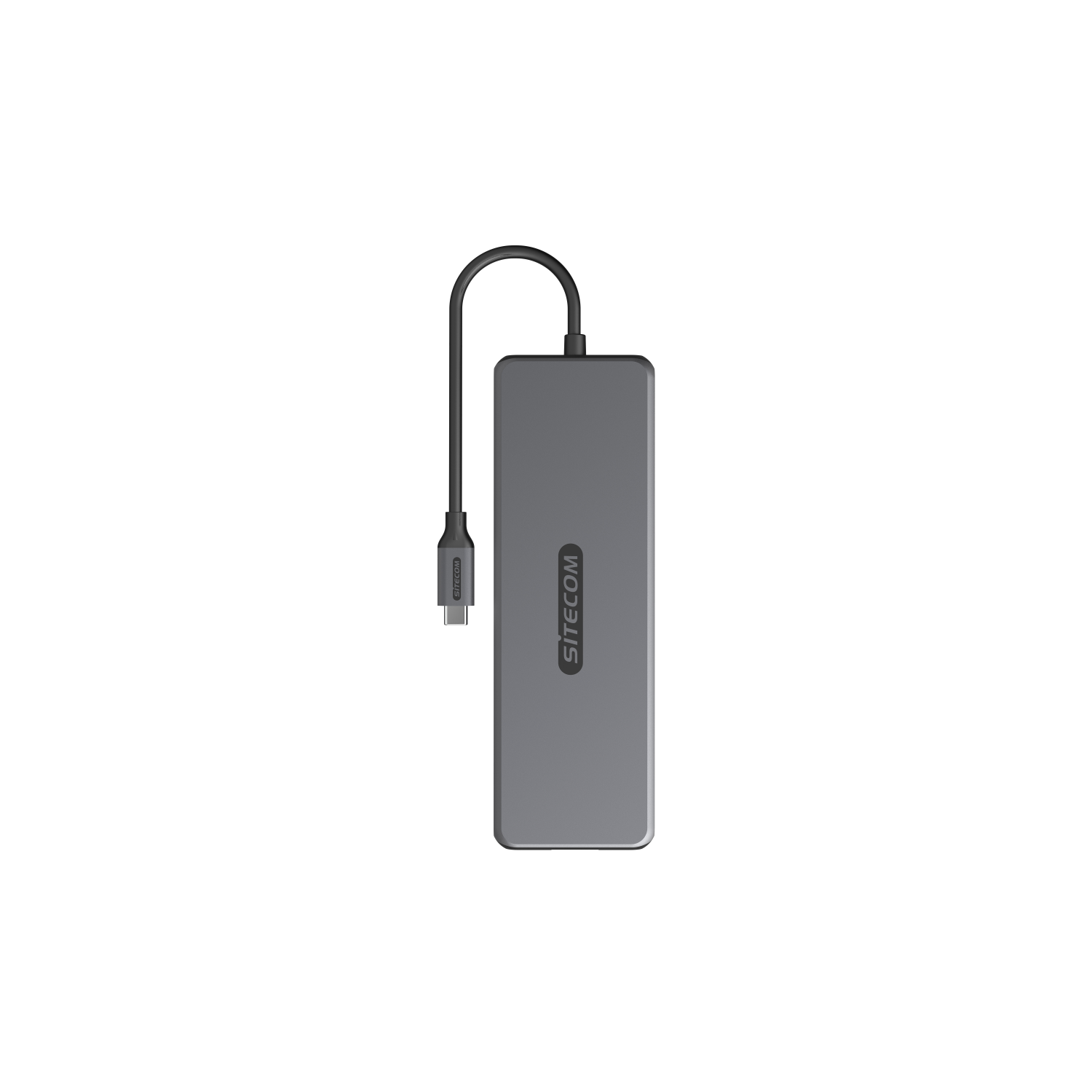 A gray SITECOM USB-C hub with a black cable.  Black background.