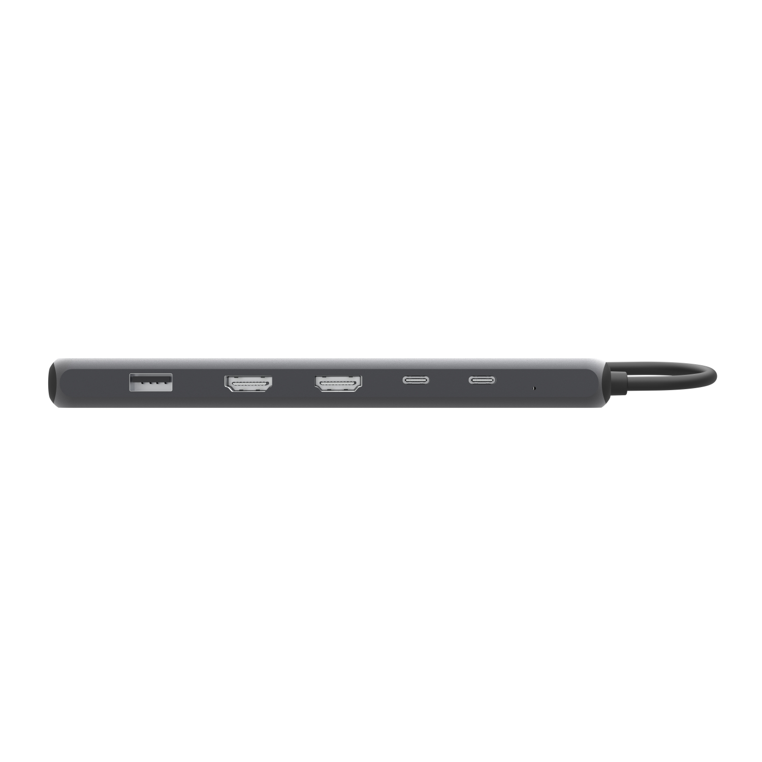 A gray hub with various ports, including USB, HDMI, and USB-C.