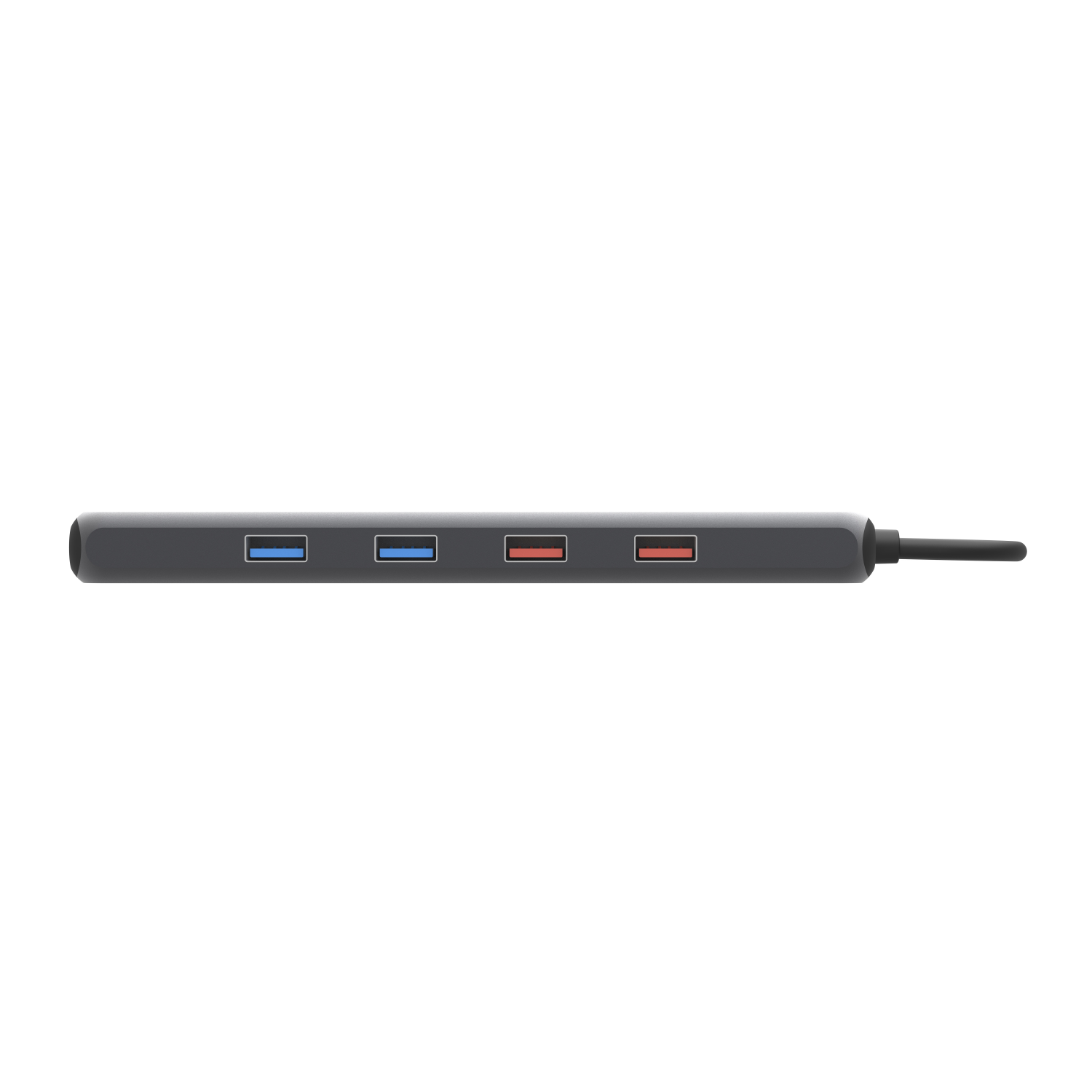 A gray USB hub with four ports, various colors.