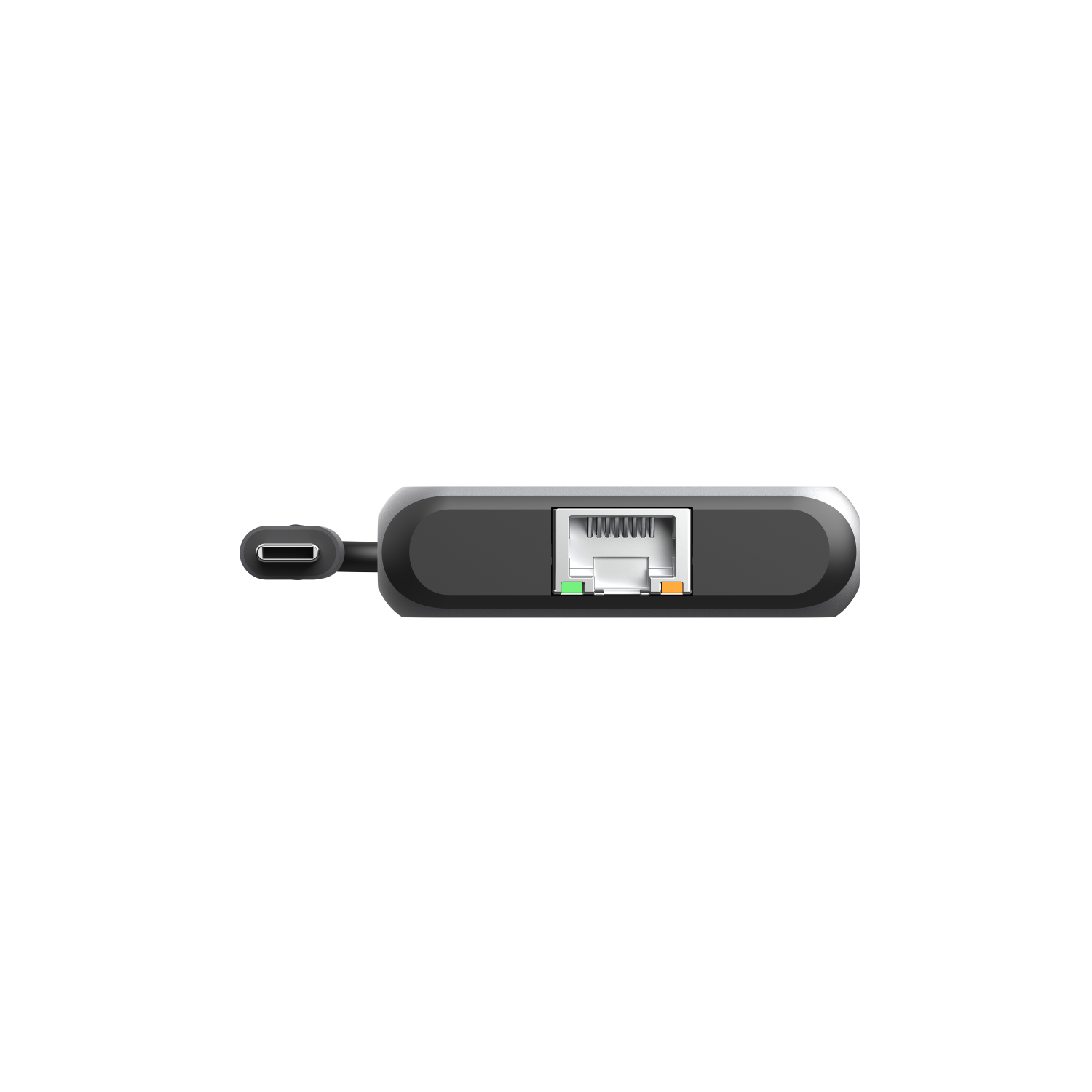 Top view of a small black device with a USB-C port and a network port.