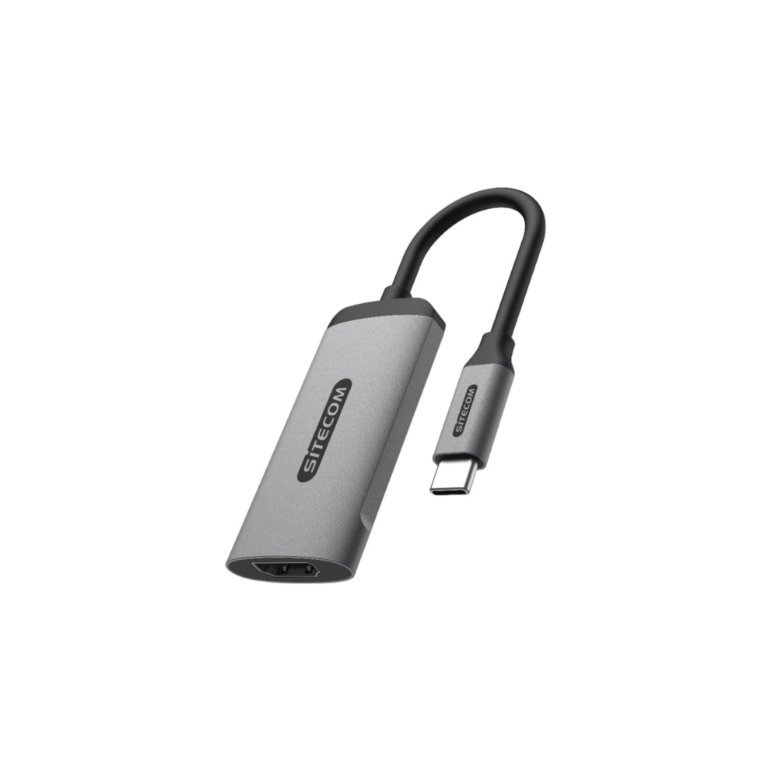 Zilveren Sitecom-adapter met een USB-C-connector en een HDMI-poort. De adapter staat tegen een zwarte achtergrond.