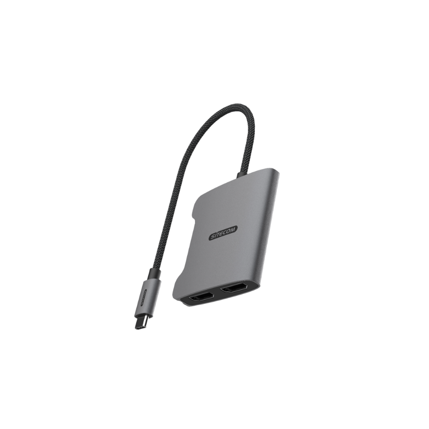 A gray USB-C adapter with HDMI and USB ports.