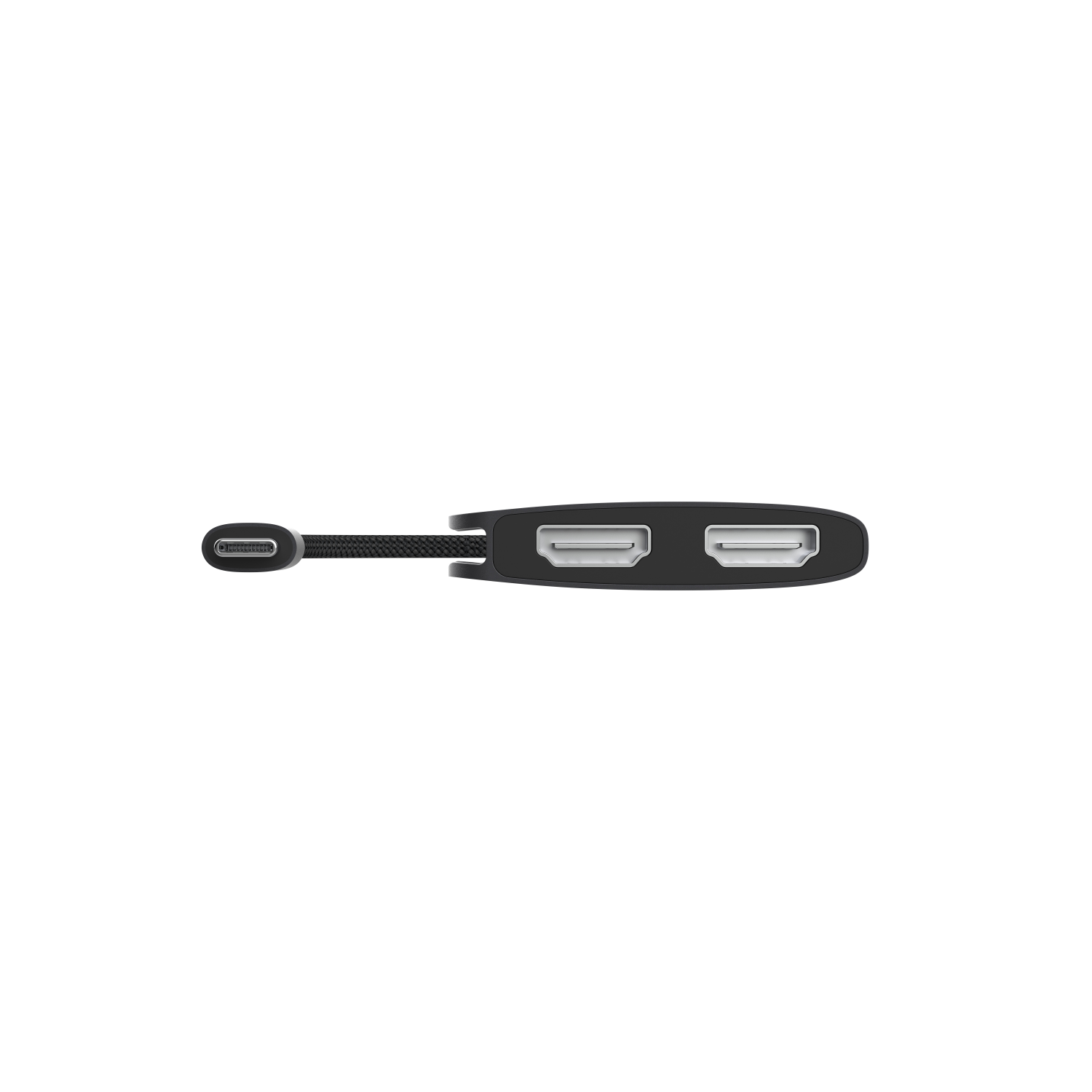 Black USB-C adapter with two HDMI ports. A cable extends to a USB-C connector.