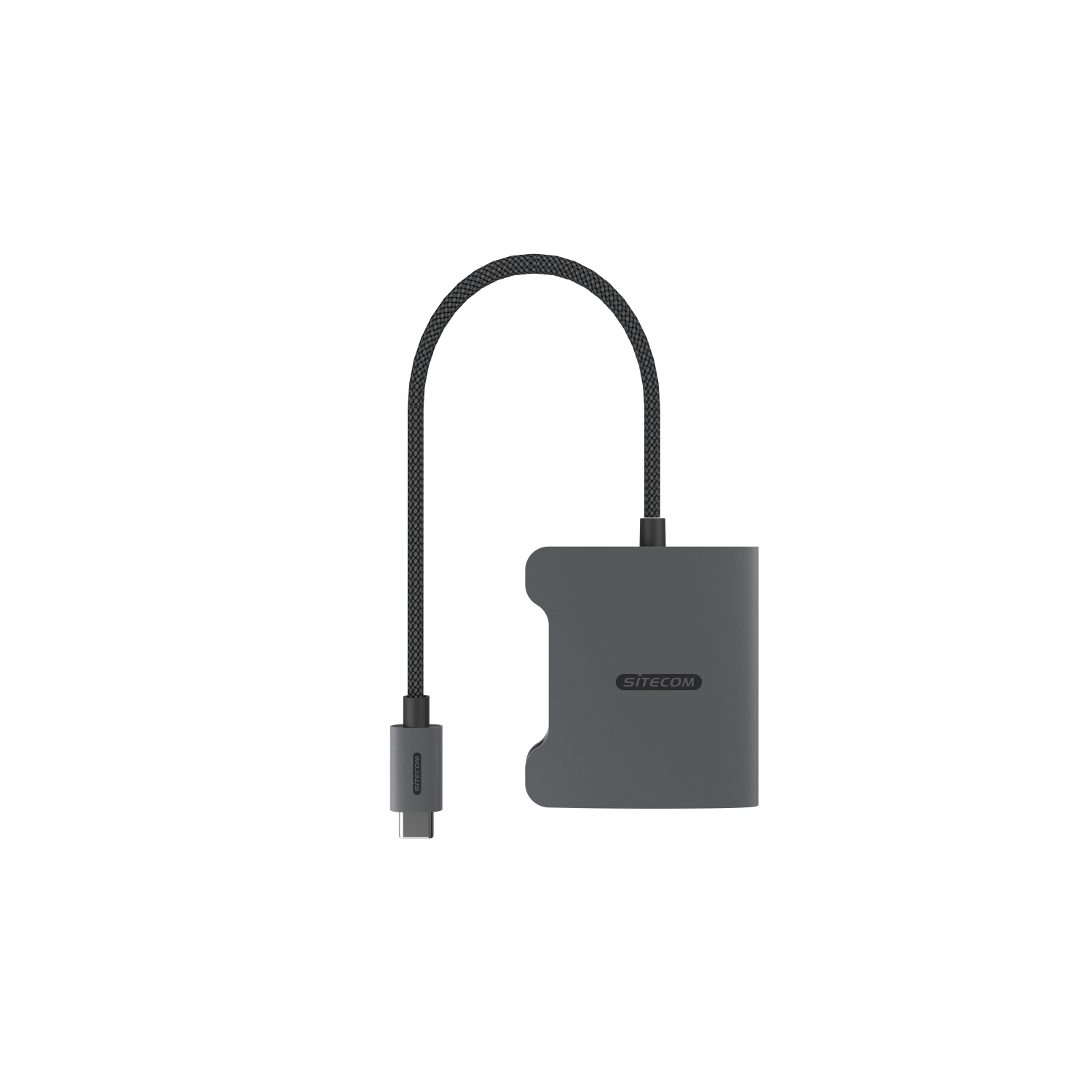 A gray Sitecom USB-C adapter with a dark green cable, against a black background.