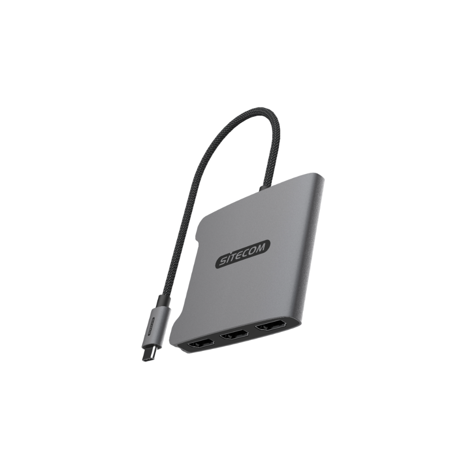 Silver Sitecom USB-C hub with three HDMI ports. Black cable. Black background.