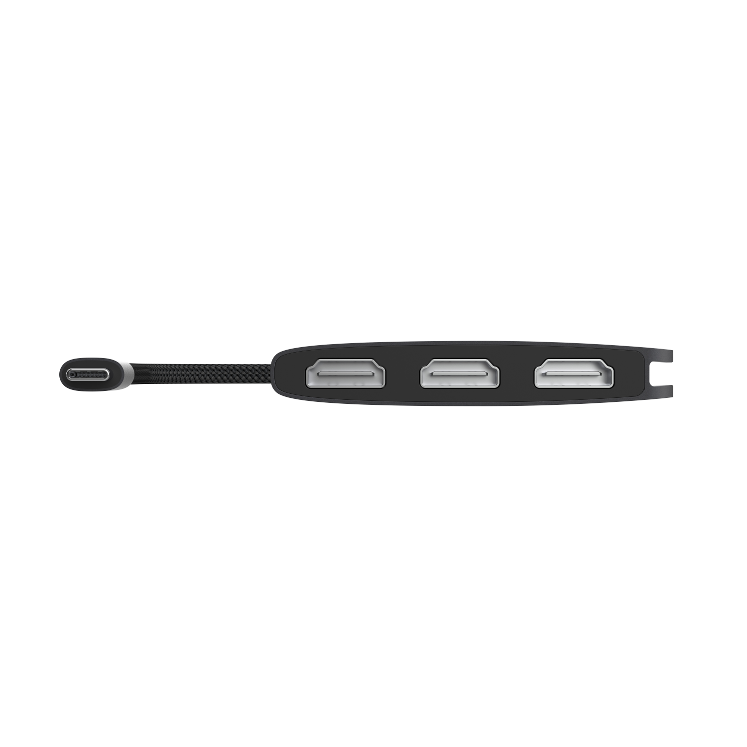 A black, elongated device with a USB-C connector and three HDMI ports, against a black background.