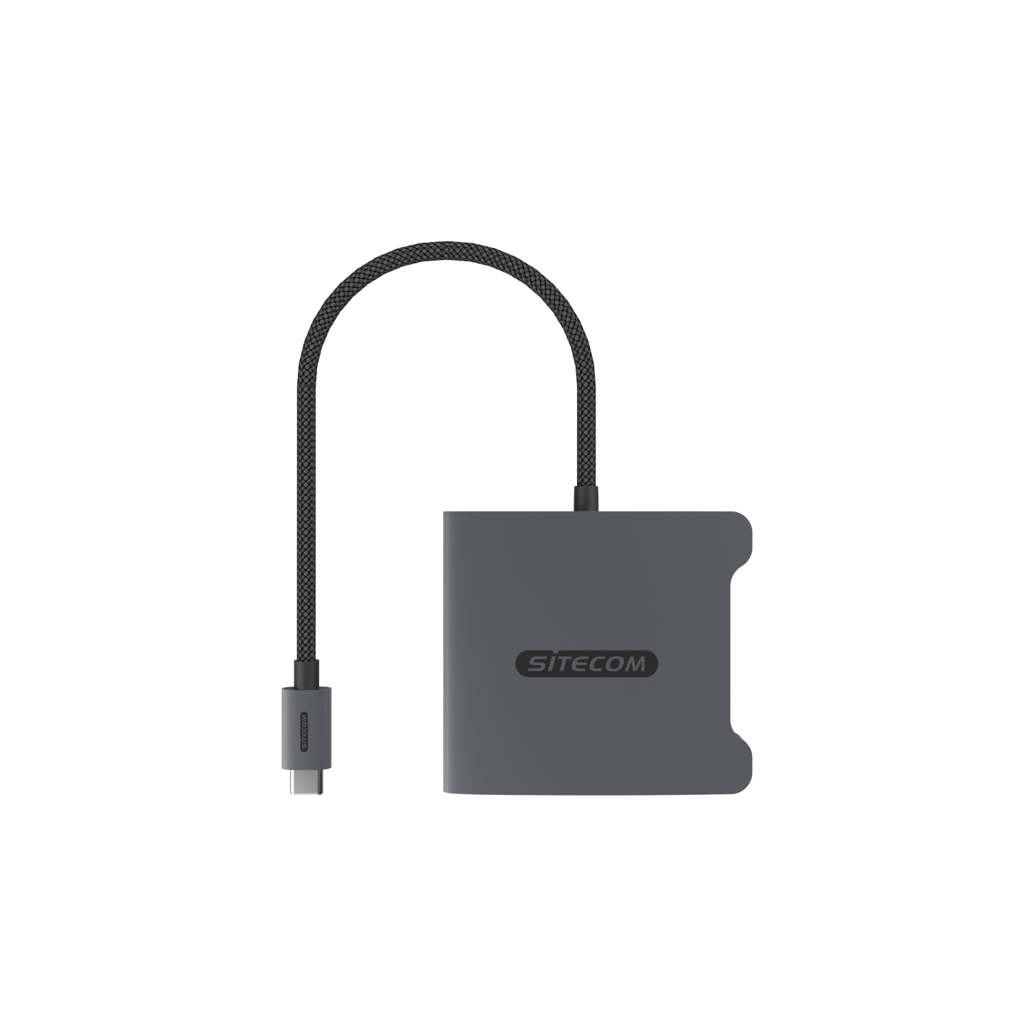 Gray Sitecom device with a black and green cable. The device is in front of a black background.
