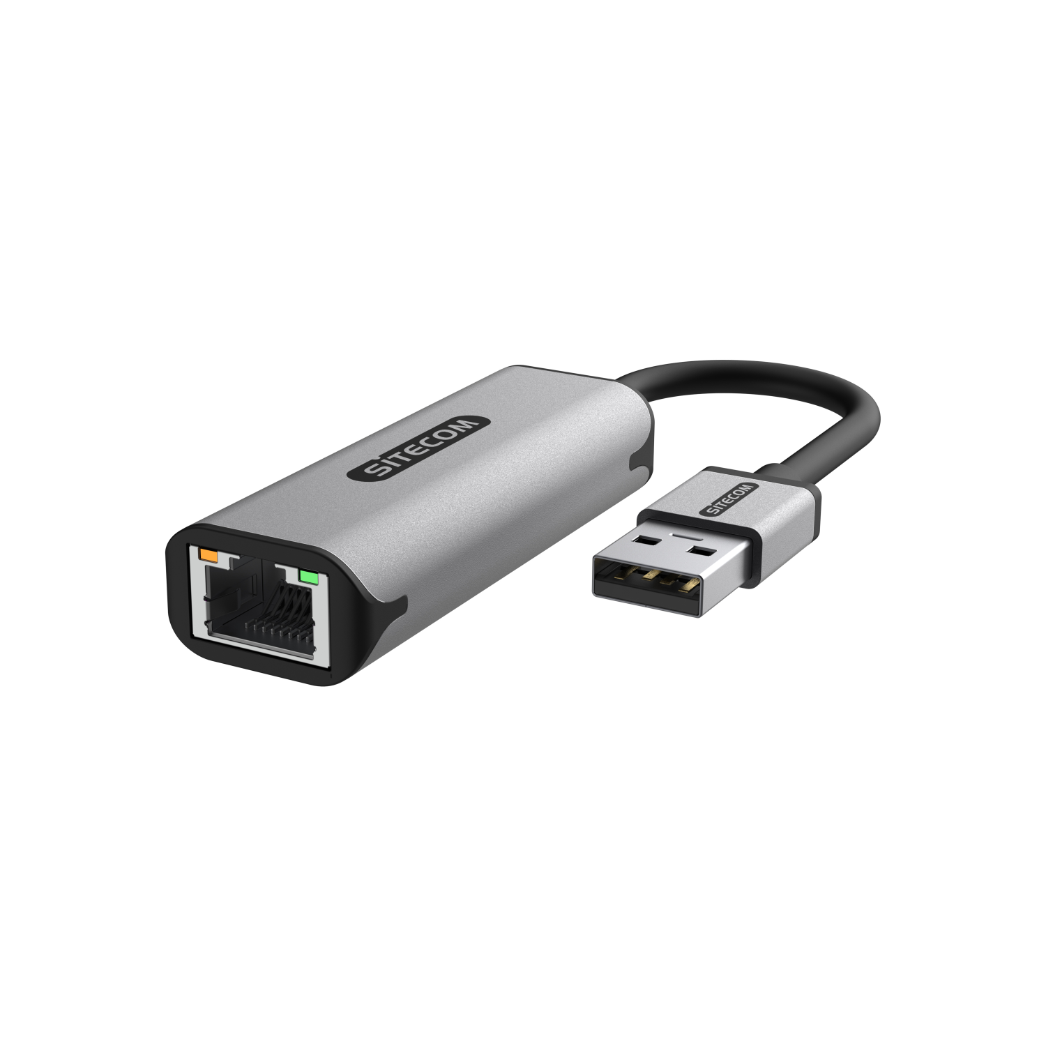 A silver SITECOM Ethernet adapter with a black cable and a USB connector.