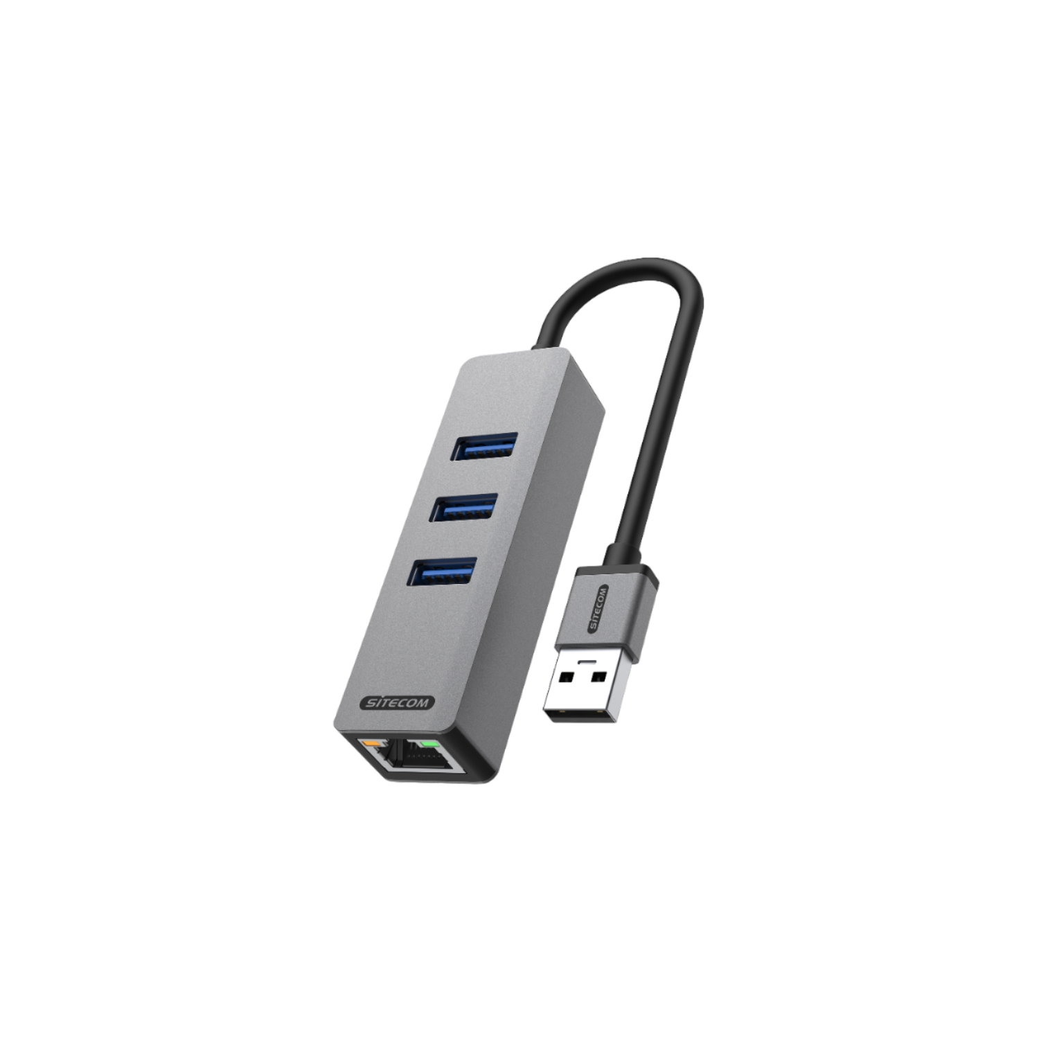 Een zilveren USB-hub met drie USB-poorten en een Ethernet-poort. Heeft een zwarte USB-kabel aangesloten.