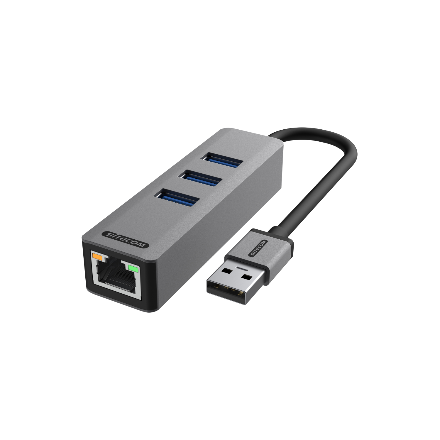 Een zilveren en grijze USB-hub met drie poorten en een Sitecom-logo.