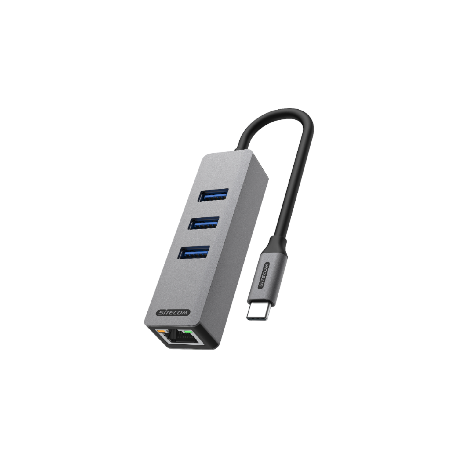 Grijze SITECOM USB-hub met drie poorten en een zwarte USB-C-kabel. Zwarte achtergrond.