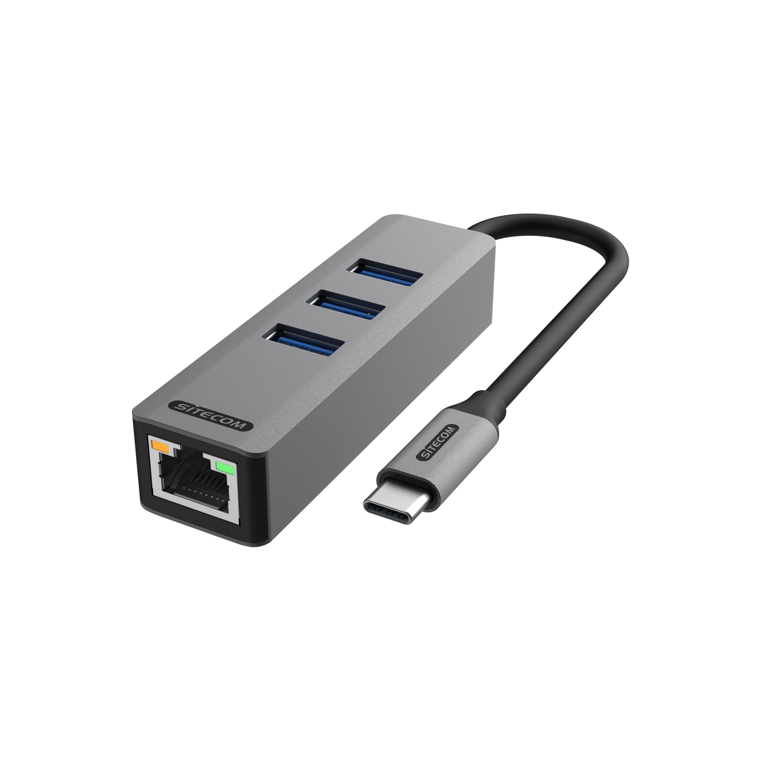 Een grijze USB-hub met 3 USB-poorten en een aangesloten USB-C-kabel.