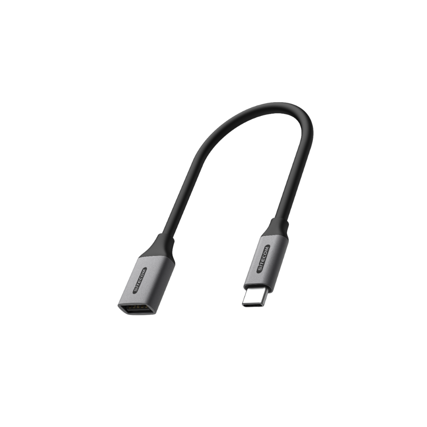 Gray adapter with a Type-C connector and a USB-C port on a black background.