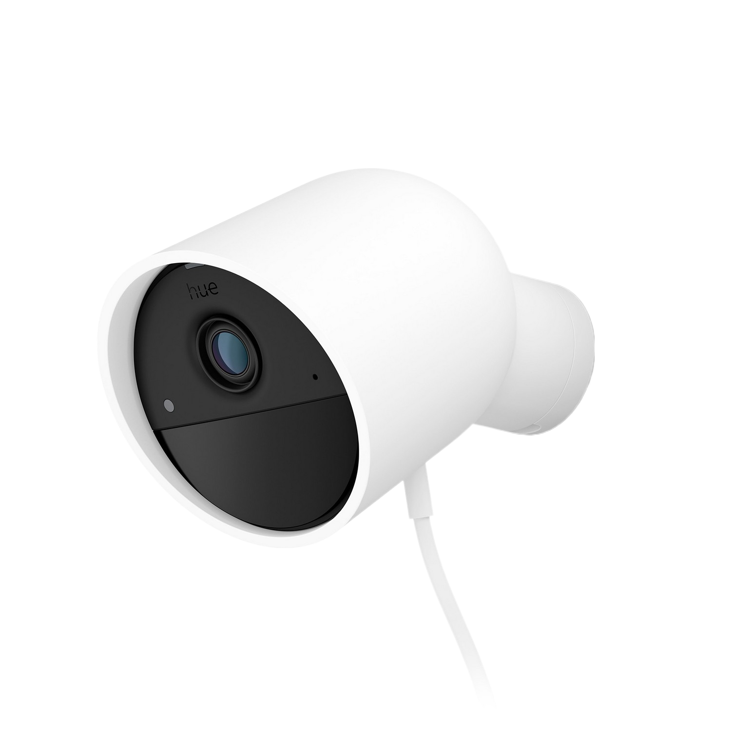 Witte beveiligingscamera met zwarte voorkant, kabel. Het woord "hue" staat op de voorkant. Zwarte achtergrond.