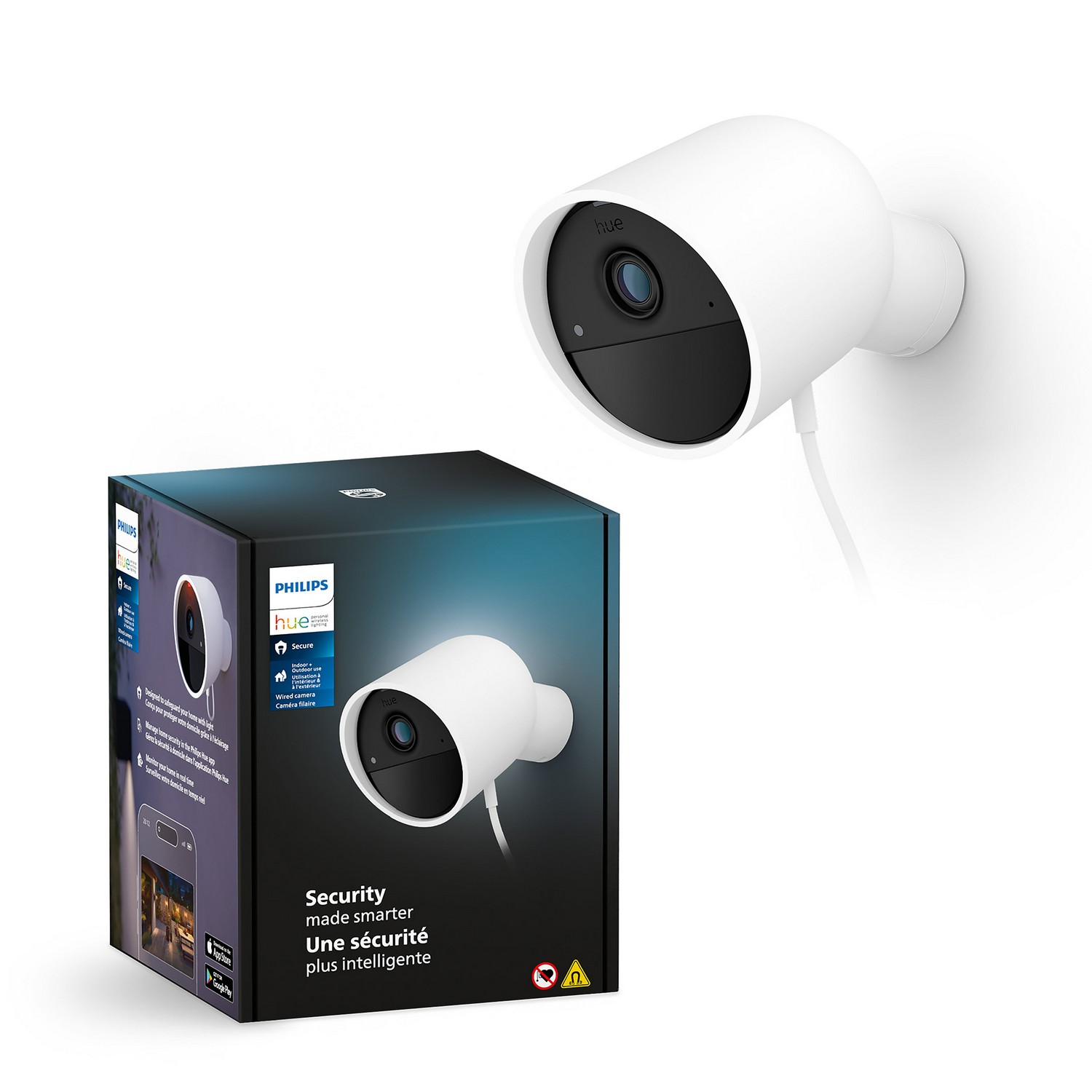 Witte beveiligingscamera en doos. De doos zegt 'Security made smarter' met een afbeelding van de camera.