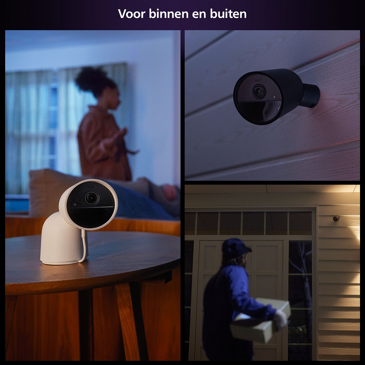 A montage shows a security camera, both inside and outside a home.