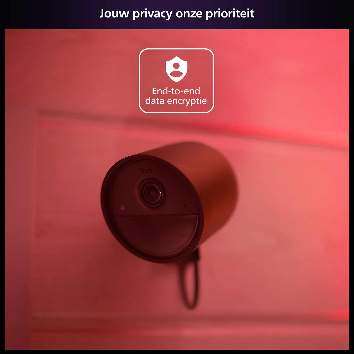 Smart security camera on a wall with text about data encryption and red lighting.