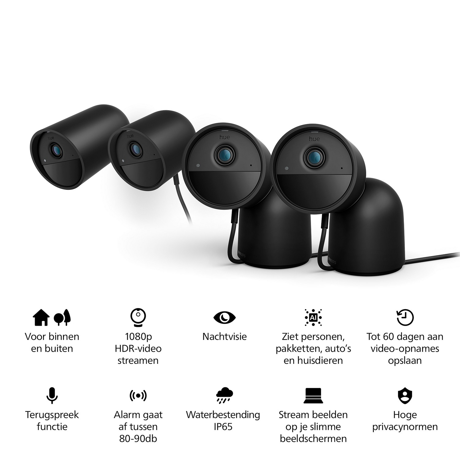 Multiple black security cameras with icons and text about features, in a row.