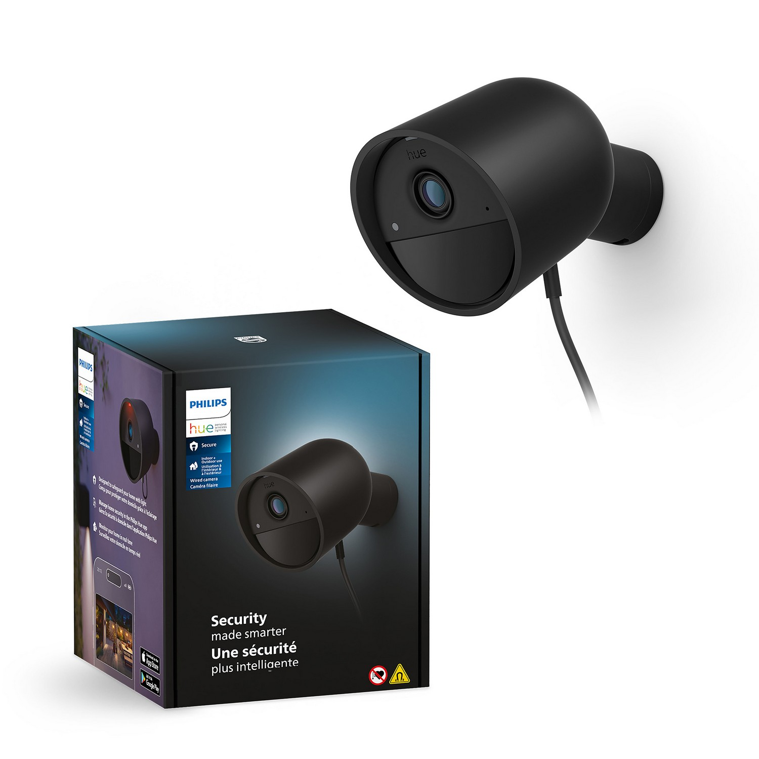 Black Philips Hue outdoor security camera. Box with camera image sits below it.