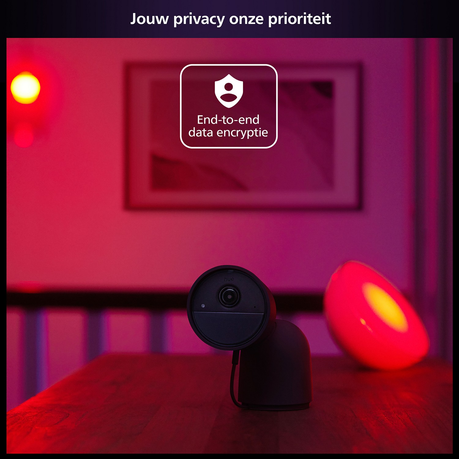 A security camera and smart lights, with a privacy message.