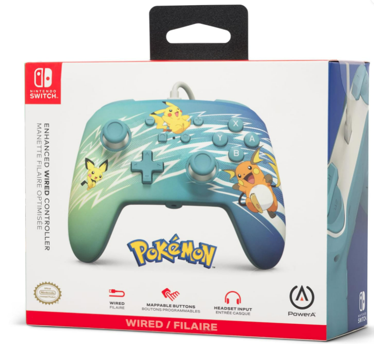 Ein Nintendo Switch Controller mit Pikachu-Design auf der Verpackung.